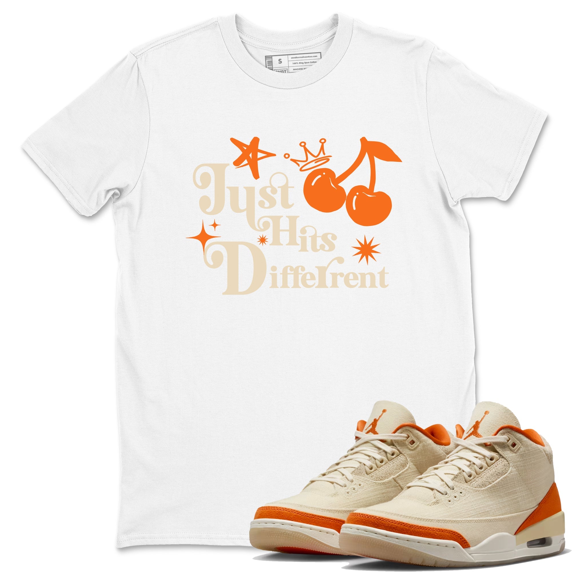 Just Hits Different sneaker match t-shirt styled to complete your fit with the Air Jordan 3 Starfish sneakers, shown in White 1.