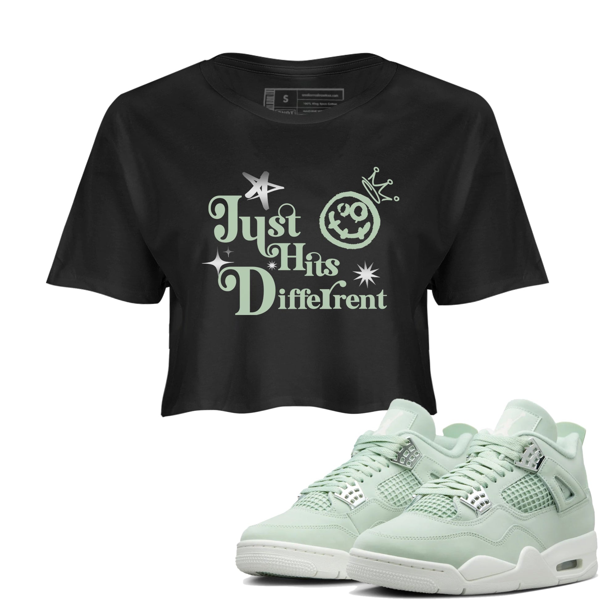4s Abundance shirts to match jordans Just Hits Different sneaker match tees Air Jordan 4 Seafoam match shoes to clothes SNRT Sneaker Tees unisex cotton Black 1 crop tee