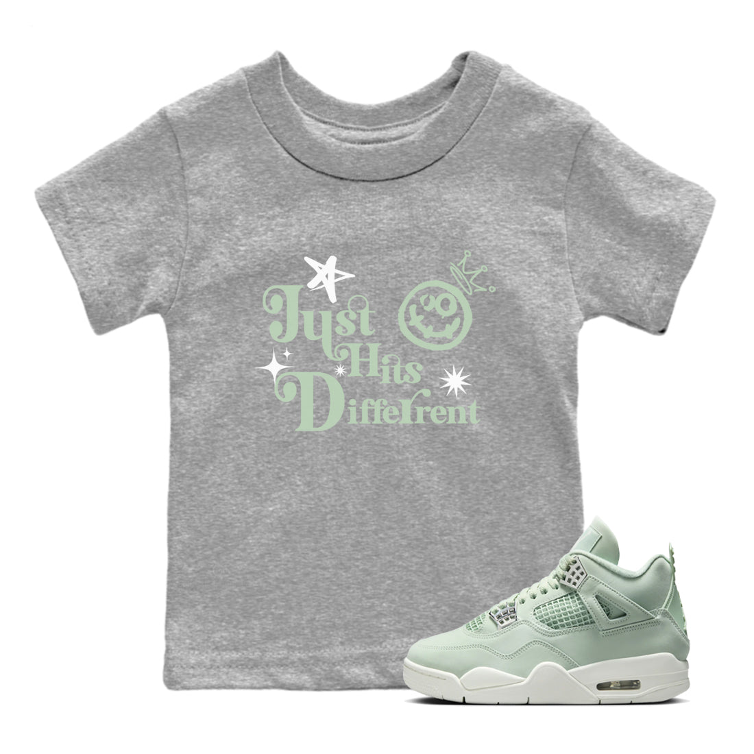 4s Abundance shirts to match jordans Just Hits Different sneaker match tees Air Jordan 4 Seafoam match shoes to clothes SNRT Sneaker Tees Youth Baby Heather Grey 1 tee
