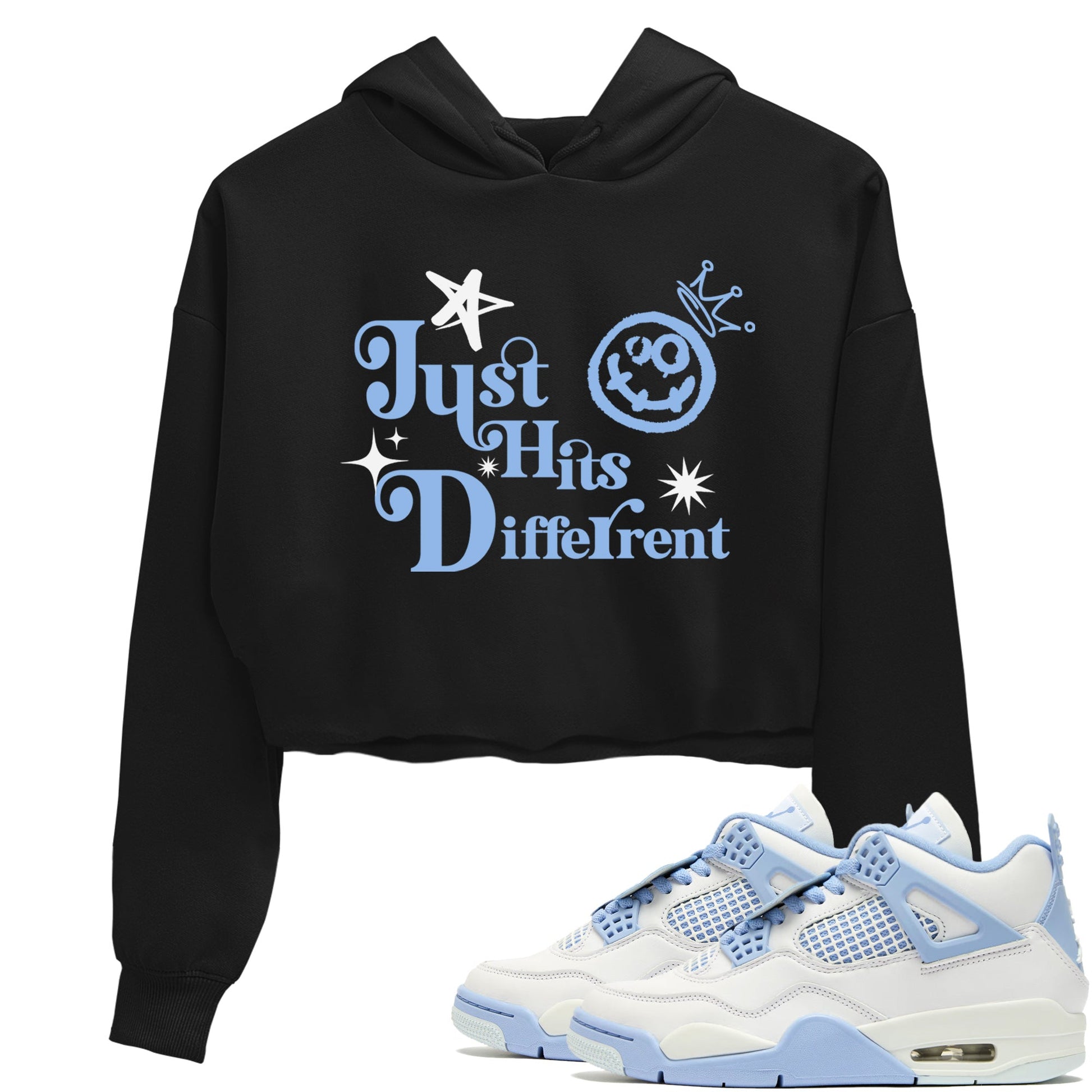 Just Hits Different womens crop tee made to vibe with the Air Jordan 4 Aluminum sneakers — the perfect match in Black 1.