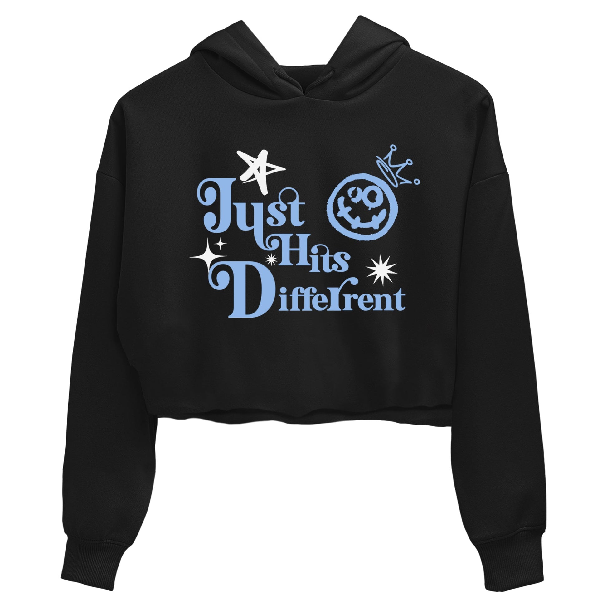 Just Hits Different womens crop tee made to vibe with the Air Jordan 4 Aluminum sneakers — the perfect match in Black 2.