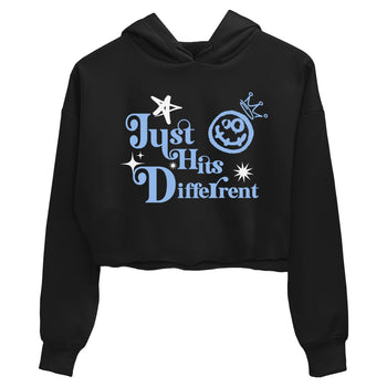 Just Hits Different womens crop tee made to vibe with the Air Jordan 4 Aluminum sneakers — the perfect match in Black 2.