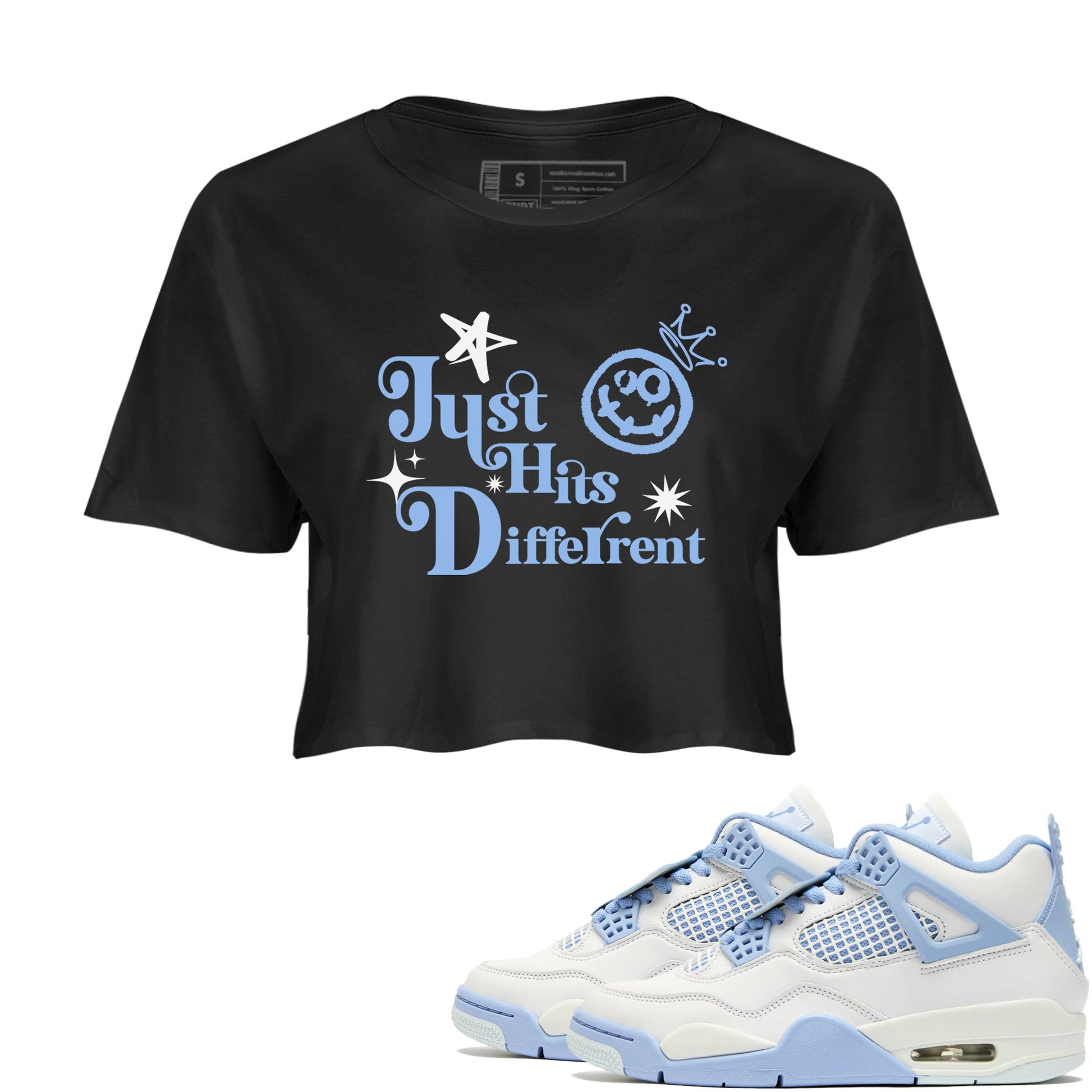 Just Hits Different womens crop tee made to vibe with the Air Jordan 4 Aluminum sneakers — the perfect match in Black 1.