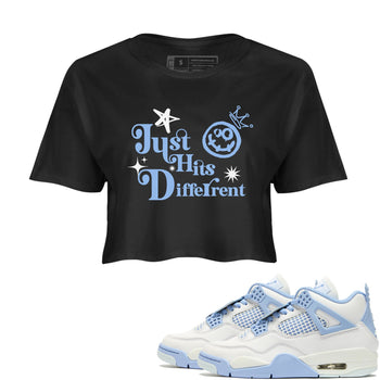Just Hits Different womens crop tee made to vibe with the Air Jordan 4 Aluminum sneakers — the perfect match in Black 1.