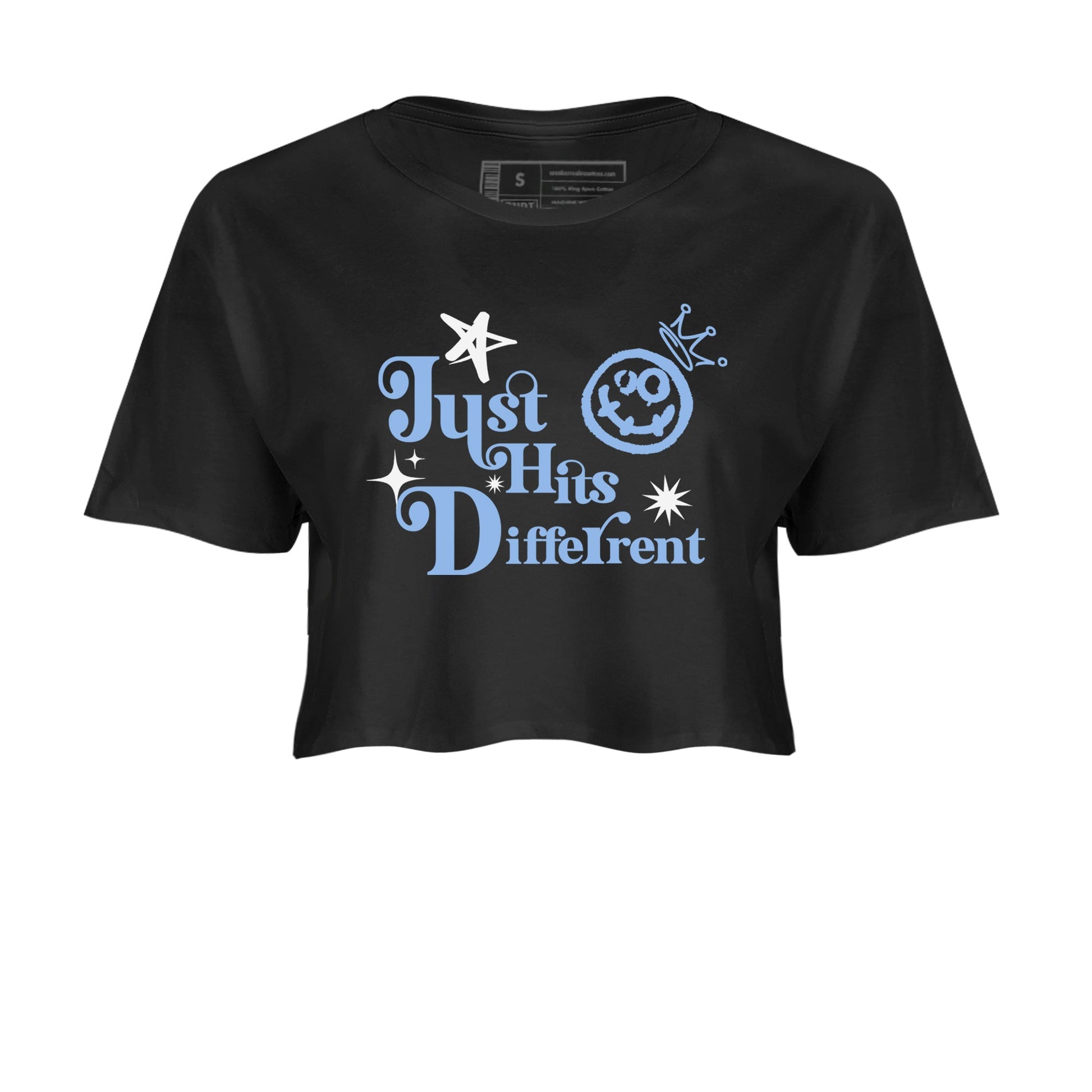 Just Hits Different womens crop tee made to vibe with the Air Jordan 4 Aluminum sneakers — the perfect match in Black 2.