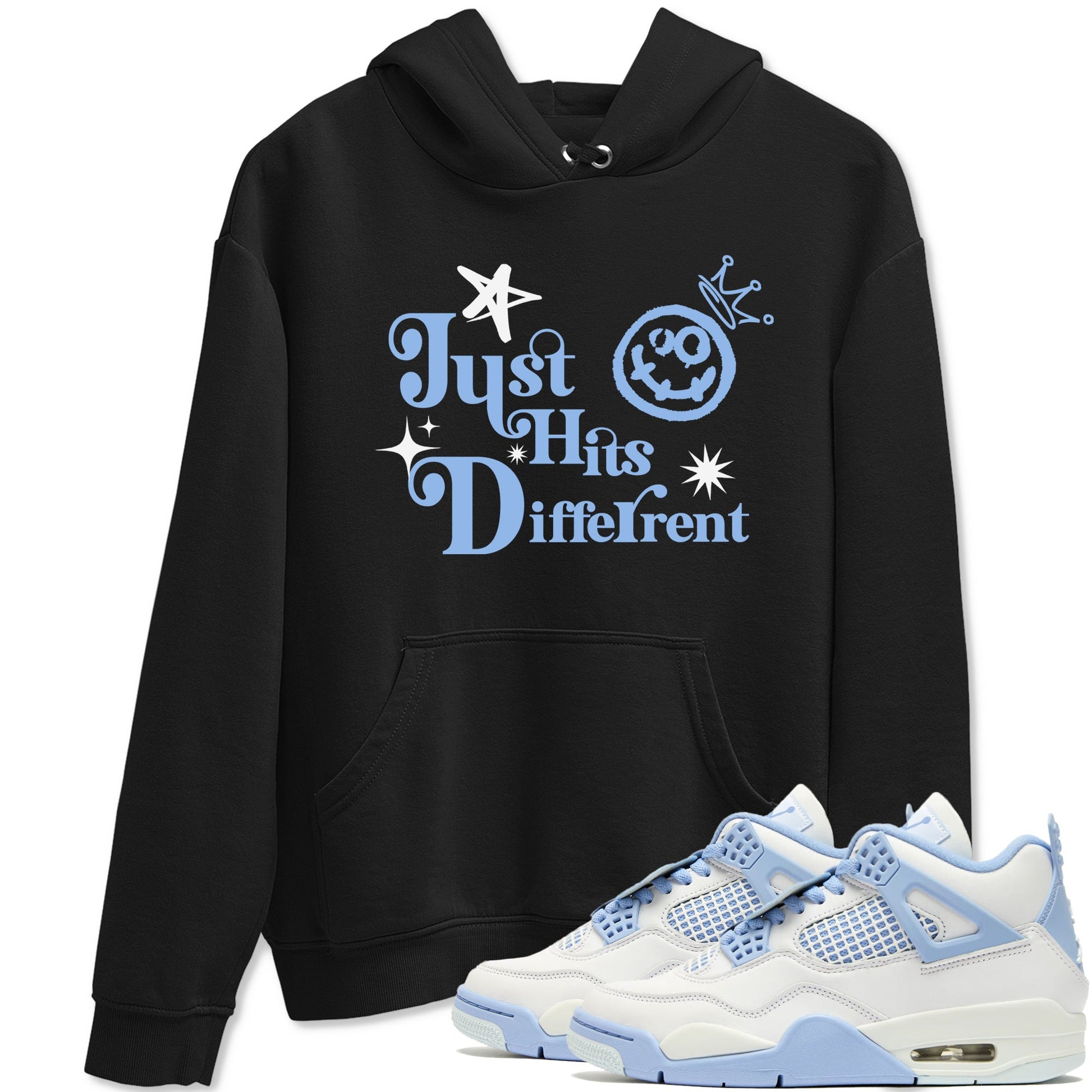Just Hits Different sneaker match t-shirt styled to complete your fit with the Air Jordan 4 Aluminum sneakers, shown in Black 1.