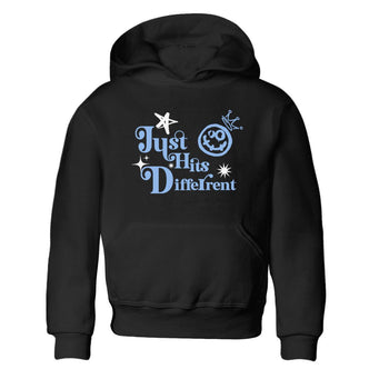 Just Hits Different baby and kids t-shirt crafted for little sneakerheads to shine with the Air Jordan 4 Aluminum sneakers, displayed in Black 2.