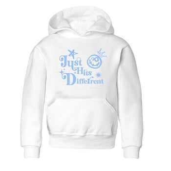 Just Hits Different baby and kids t-shirt crafted for little sneakerheads to shine with the Air Jordan 4 Aluminum sneakers, displayed in White 2.