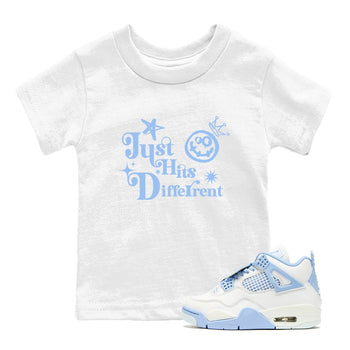 Just Hits Different baby and kids t-shirt crafted for little sneakerheads to shine with the Air Jordan 4 Aluminum sneakers, displayed in White 1.