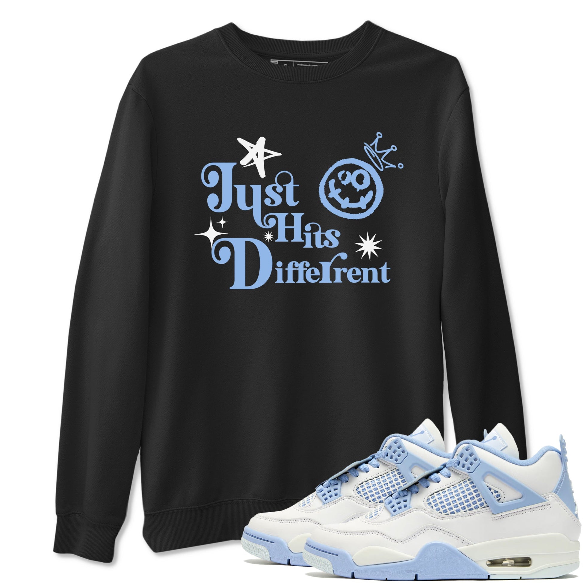 Just Hits Different sneaker match t-shirt styled to complete your fit with the Air Jordan 4 Aluminum sneakers, shown in Black 1.