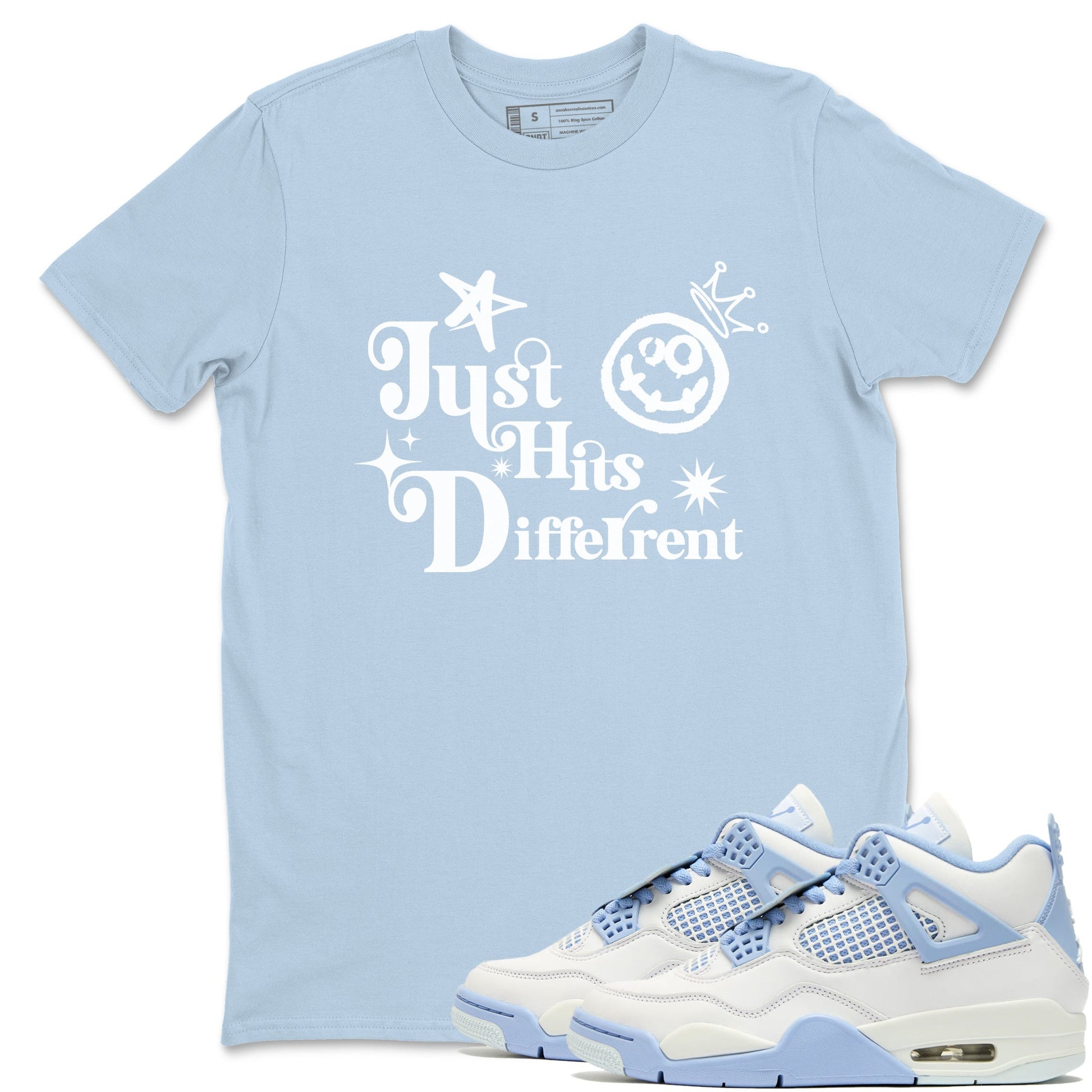 Just Hits Different sneaker match t-shirt styled to complete your fit with the Air Jordan 4 Aluminum sneakers, shown in Light Blue 1.