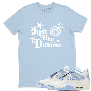 Just Hits Different sneaker match t-shirt styled to complete your fit with the Air Jordan 4 Aluminum sneakers, shown in Light Blue 1.