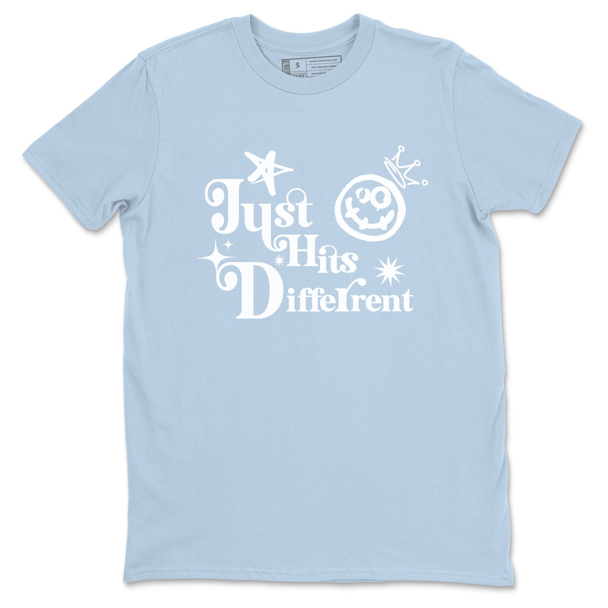 Just Hits Different sneaker match t-shirt styled to complete your fit with the Air Jordan 4 Aluminum sneakers, shown in Light Blue 2.