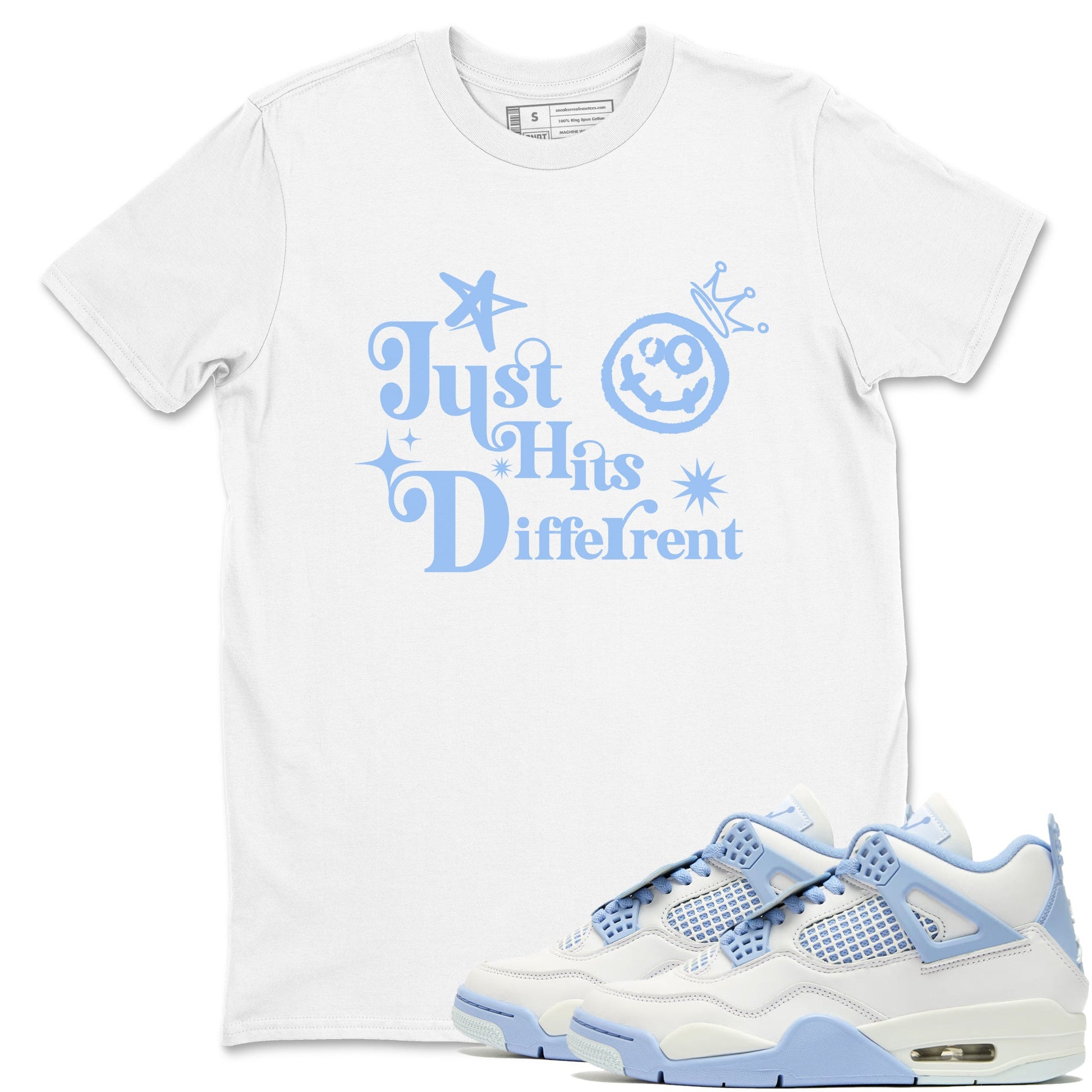 Just Hits Different sneaker match t-shirt styled to complete your fit with the Air Jordan 4 Aluminum sneakers, shown in White 1.