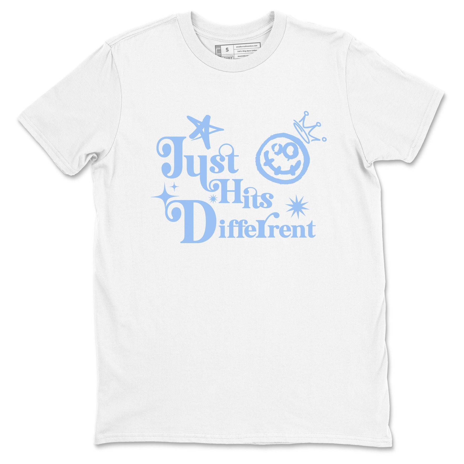 Just Hits Different sneaker match t-shirt styled to complete your fit with the Air Jordan 4 Aluminum sneakers, shown in White 2.