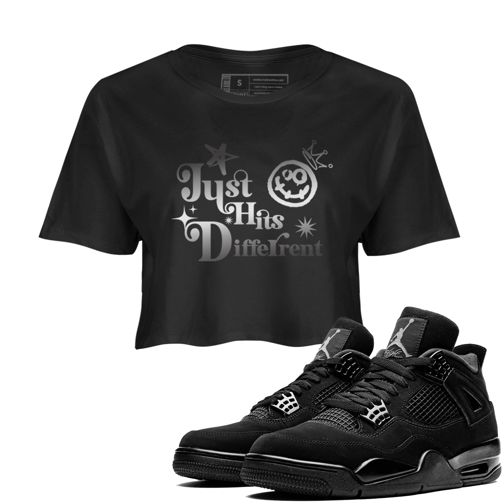 4s Black Cat shirts to match jordans Just Hits Different sneaker match tees Air Jordan 4 Black Cat match shoes to clothes SNRT Sneaker Tees unisex cotton Black 1 crop tee