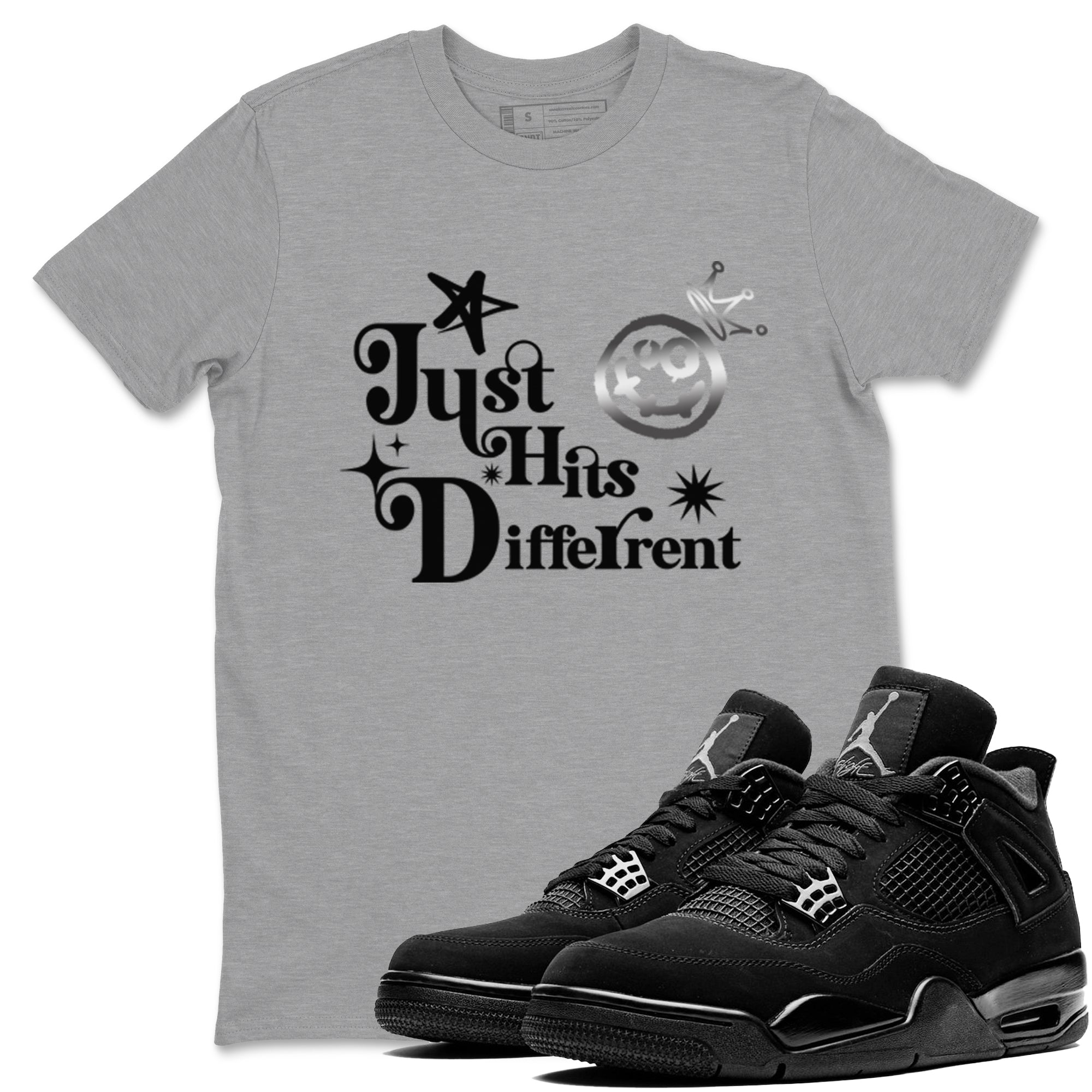4s Black Cat shirts to match jordans Just Hits Different sneaker match tees Air Jordan 4 Black Cat match shoes to clothes SNRT Sneaker Tees unisex cotton Heather Grey 1 shirts