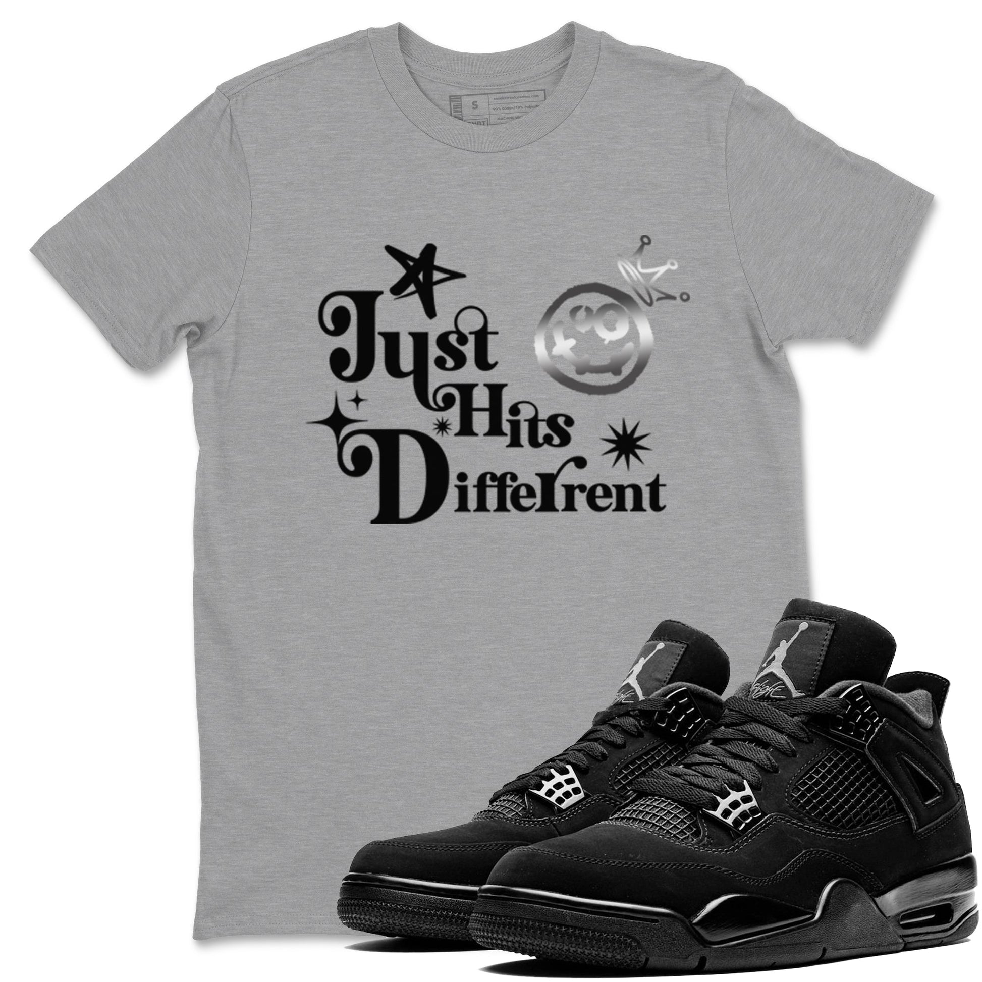 4s Black Cat shirts to match jordans Just Hits Different sneaker match tees Air Jordan 4 Black Cat match shoes to clothes SNRT Sneaker Tees unisex cotton Heather Grey 1 shirts