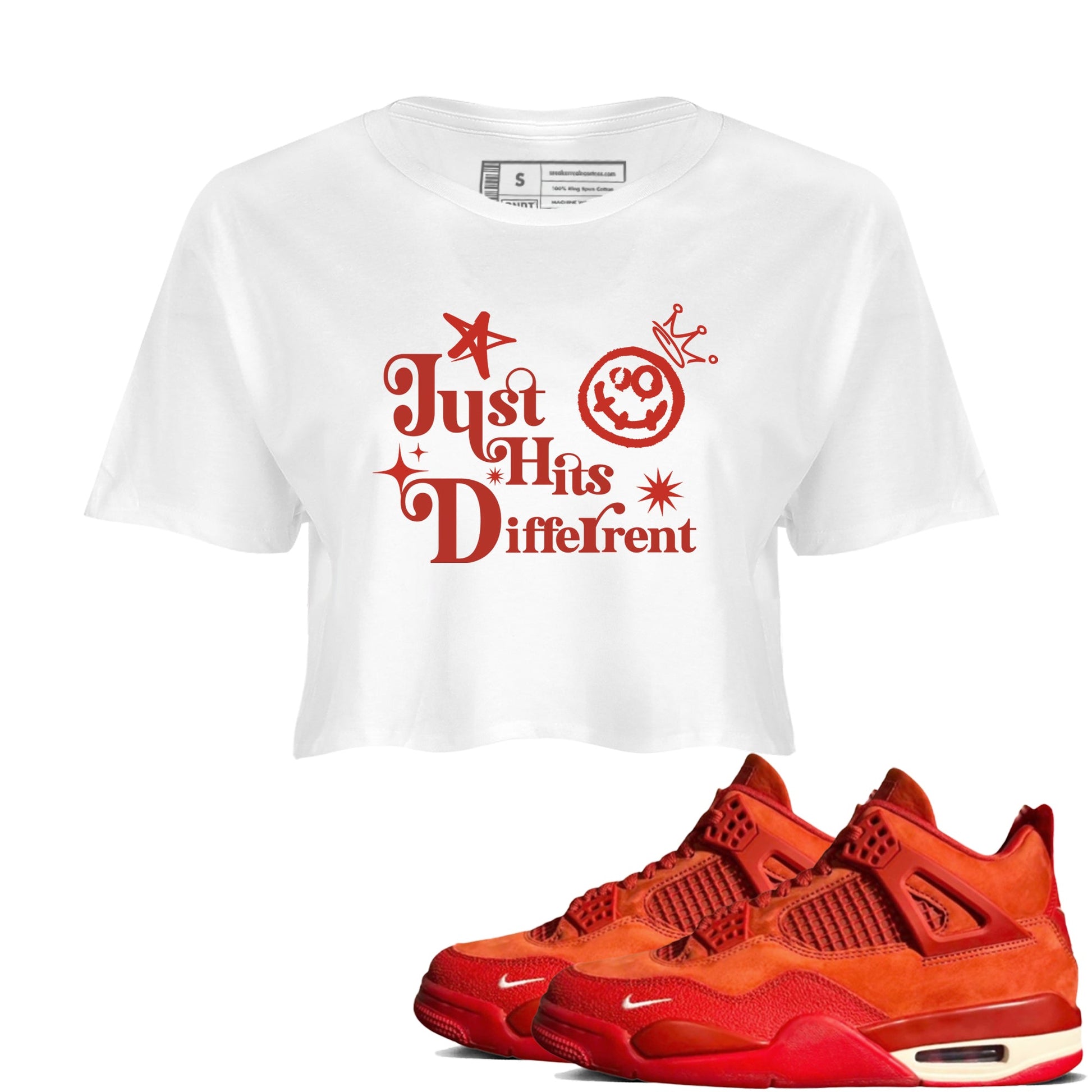 4s Brick By Brick shirts to match jordans Just Hits Different sneaker match tees Air Jordan 4 Nigel match shoes to clothes SNRT Sneaker Tees unisex cotton White 1 crop tee
