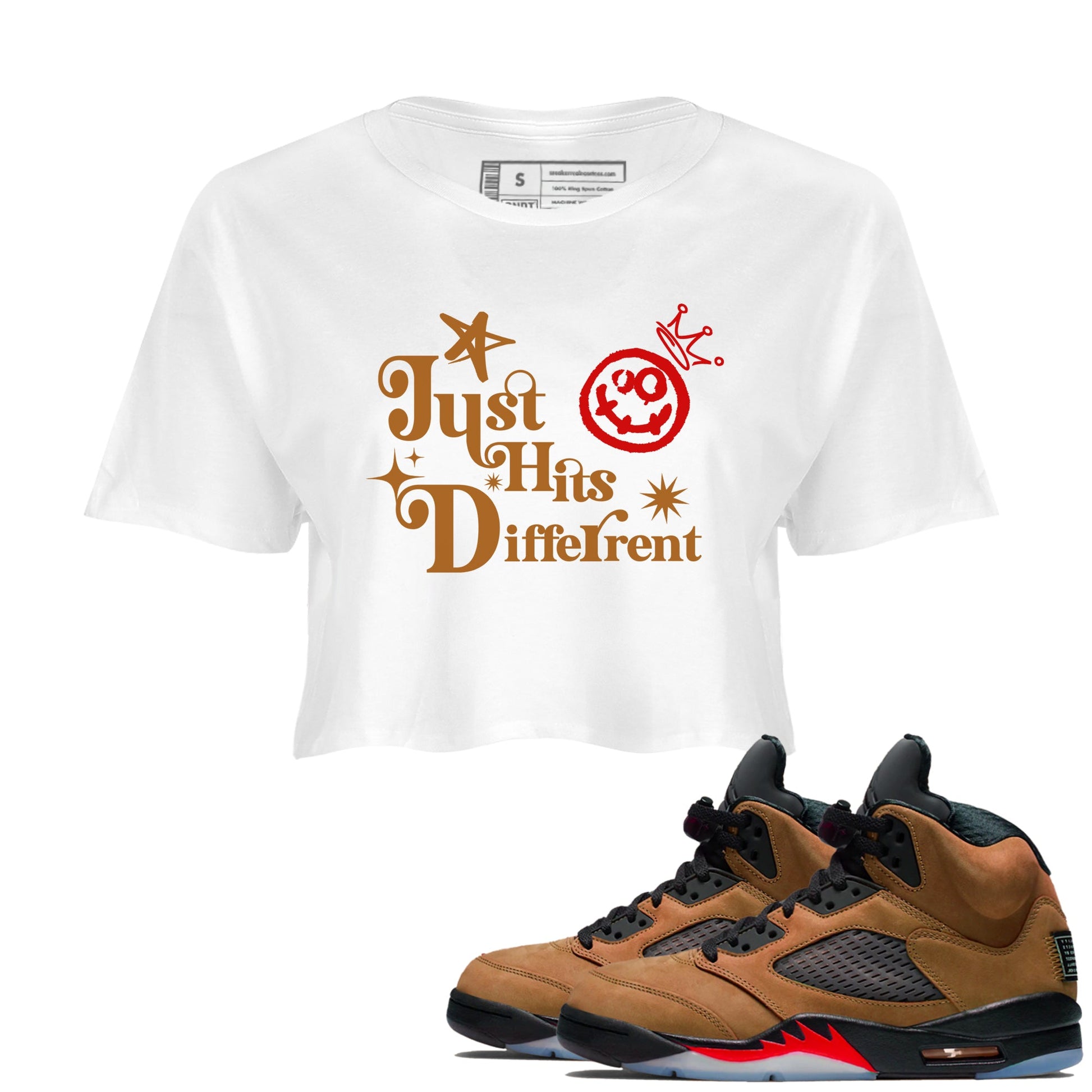 5s Archaeo Brown shirts to match jordans Just Hits Different sneaker match tees Air Jordan 5 Archaeo Brown match shoes to clothes SNRT Sneaker Tees unisex cotton White 1 crop tee