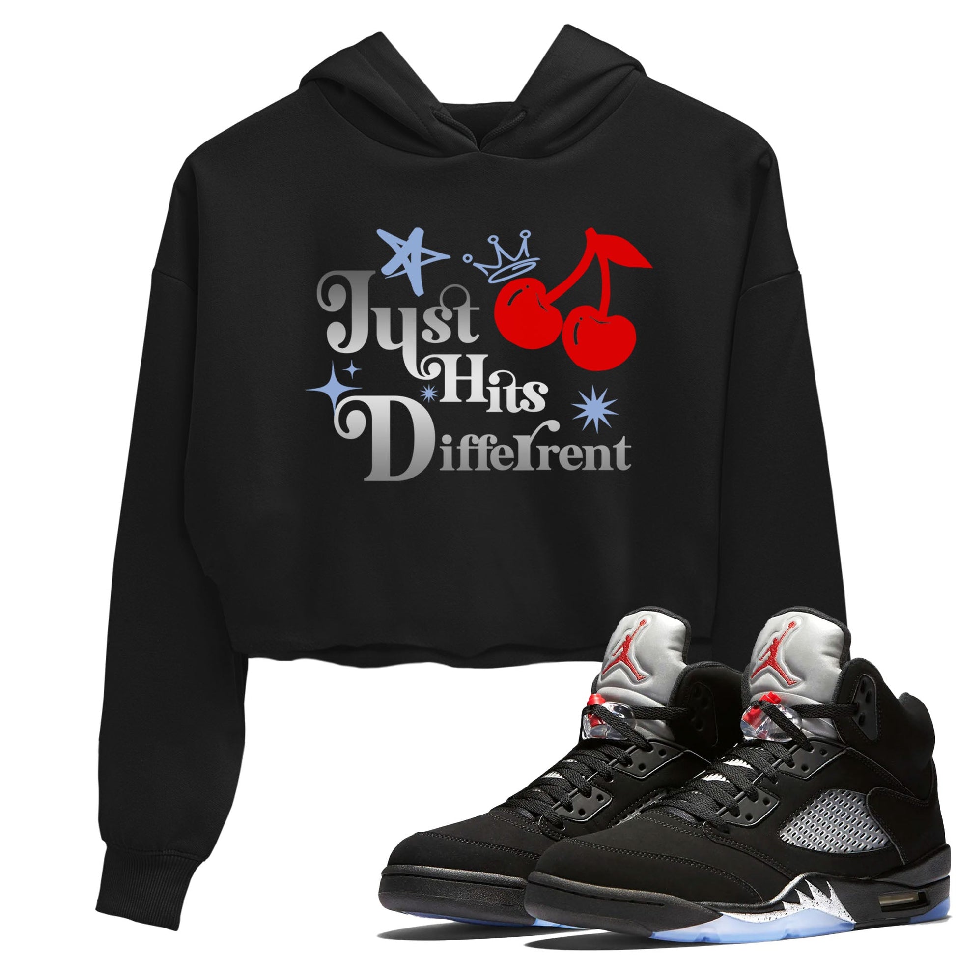 5s Black Metallic Reimagined shirts to match jordans Just Hits Different best t shirts to wear with jordans Air Jordan 5 Reimagined match shoes to clothes SNRT Sneaker Tees unisex cotton Black 1 crop tee
