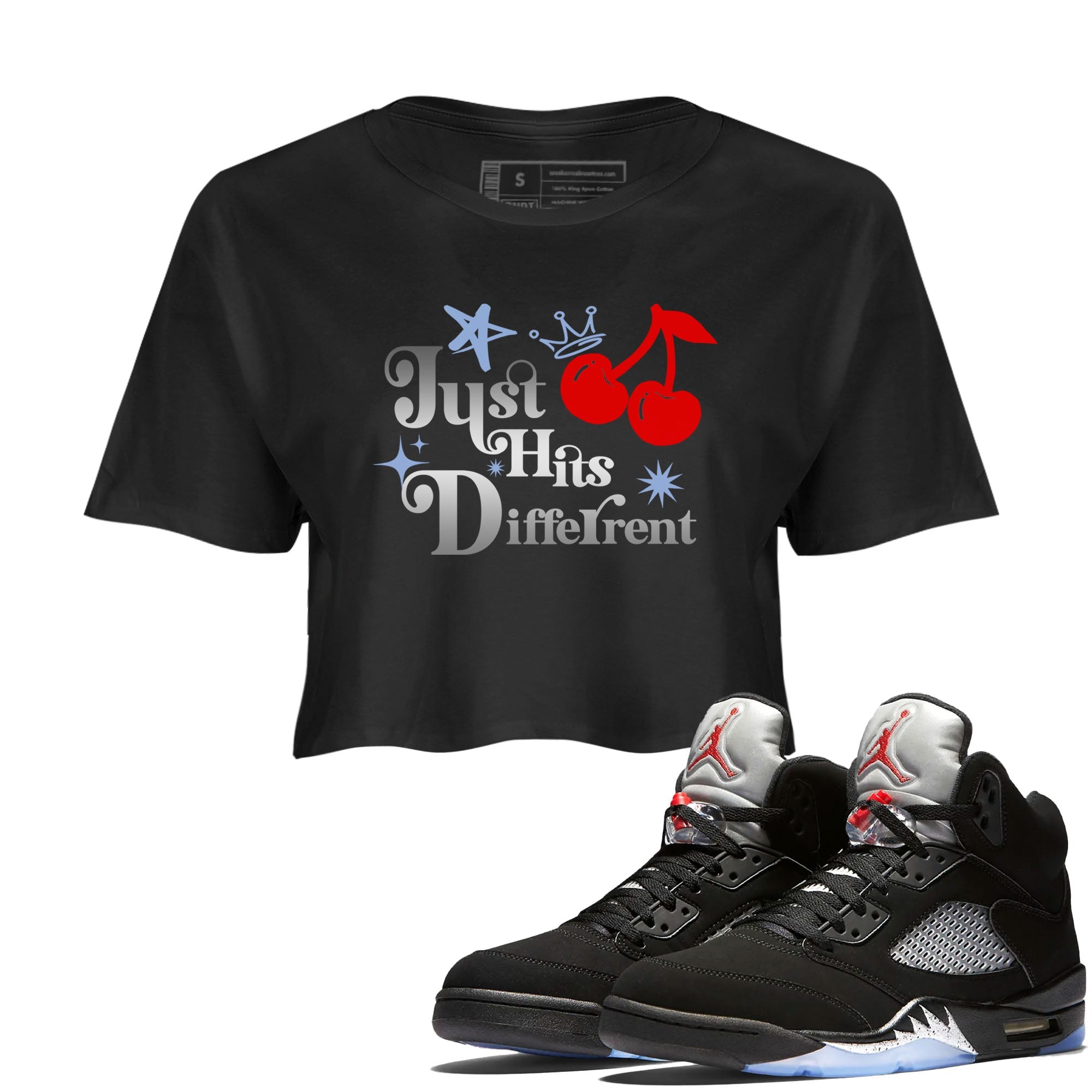 5s Black Metallic Reimagined shirts to match jordans Just Hits Different best t shirts to wear with jordans Air Jordan 5 Reimagined match shoes to clothes SNRT Sneaker Tees unisex cotton Black 1 crop tee