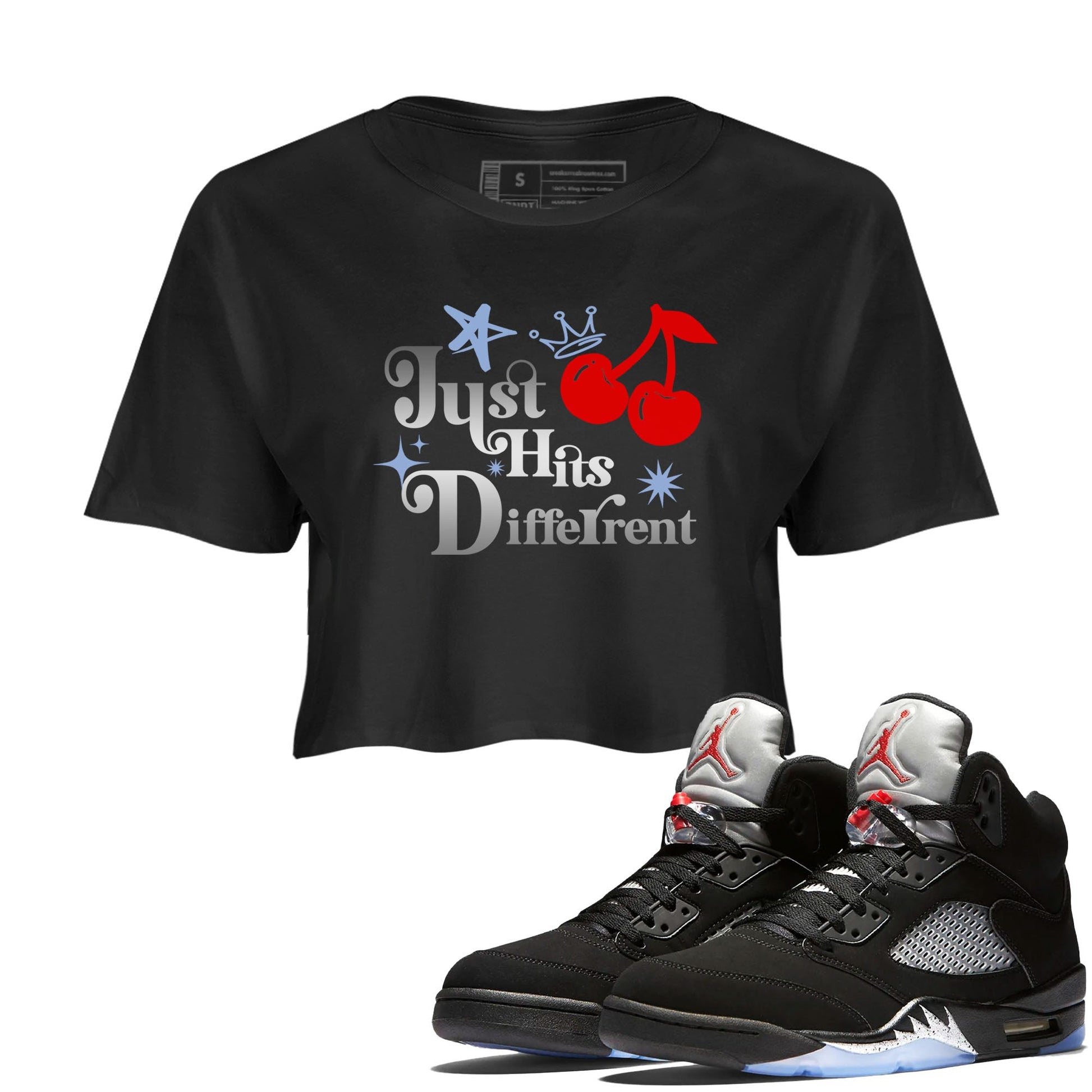 5s Black Metallic Reimagined shirts to match jordans Just Hits Different best t shirts to wear with jordans Air Jordan 5 Reimagined match shoes to clothes SNRT Sneaker Tees unisex cotton Black 1 crop tee