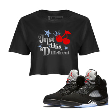 5s Black Metallic Reimagined shirts to match jordans Just Hits Different best t shirts to wear with jordans Air Jordan 5 Reimagined match shoes to clothes SNRT Sneaker Tees unisex cotton Black 1 crop tee