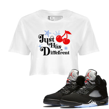 5s Black Metallic Reimagined shirts to match jordans Just Hits Different best t shirts to wear with jordans Air Jordan 5 Reimagined match shoes to clothes SNRT Sneaker Tees unisex cotton White 1 crop tee