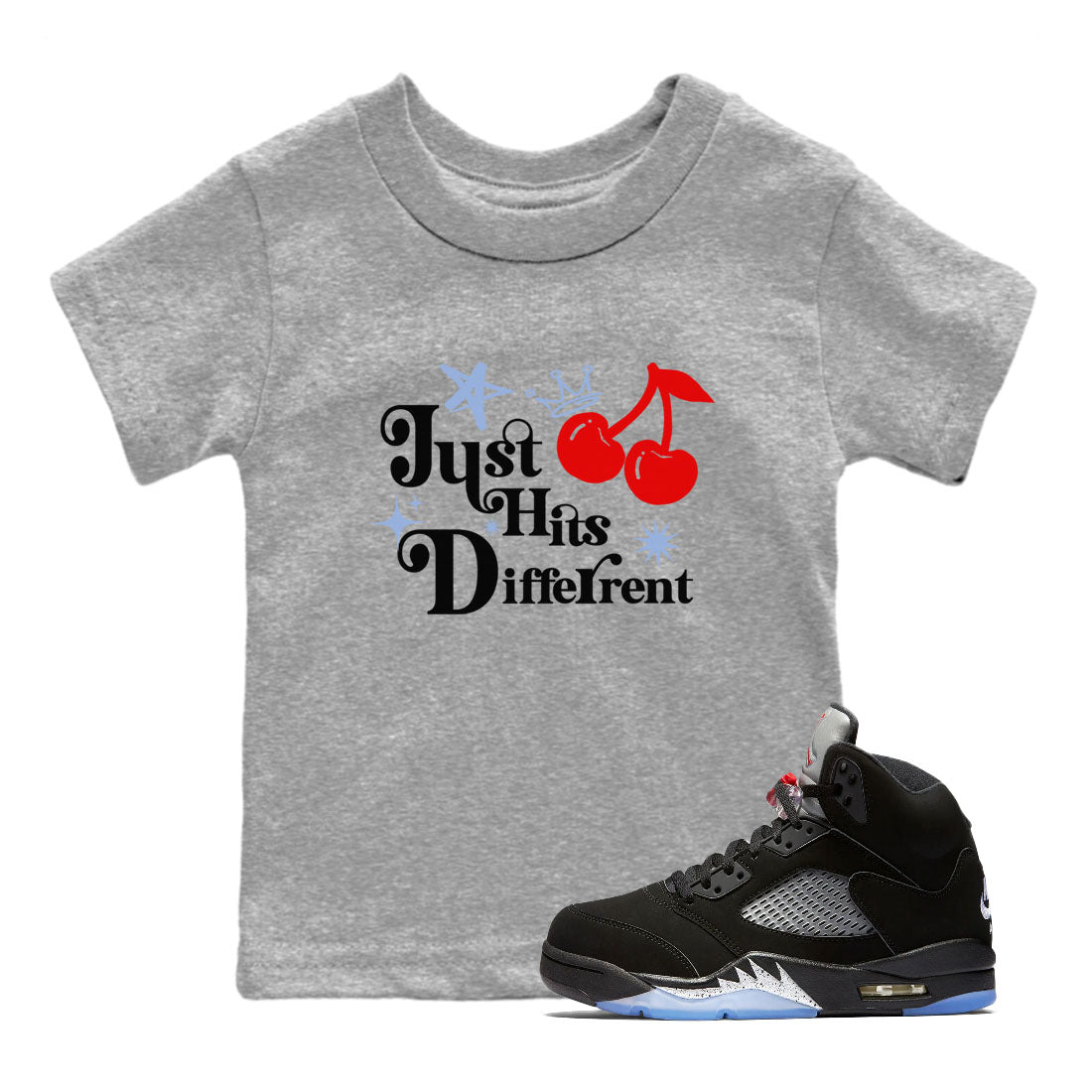 5s Black Metallic Reimagined shirts to match jordans Just Hits Different best t shirts to wear with jordans Air Jordan 5 Reimagined match shoes to clothes SNRT Sneaker Tees Youth Baby Heather Grey 1 tee