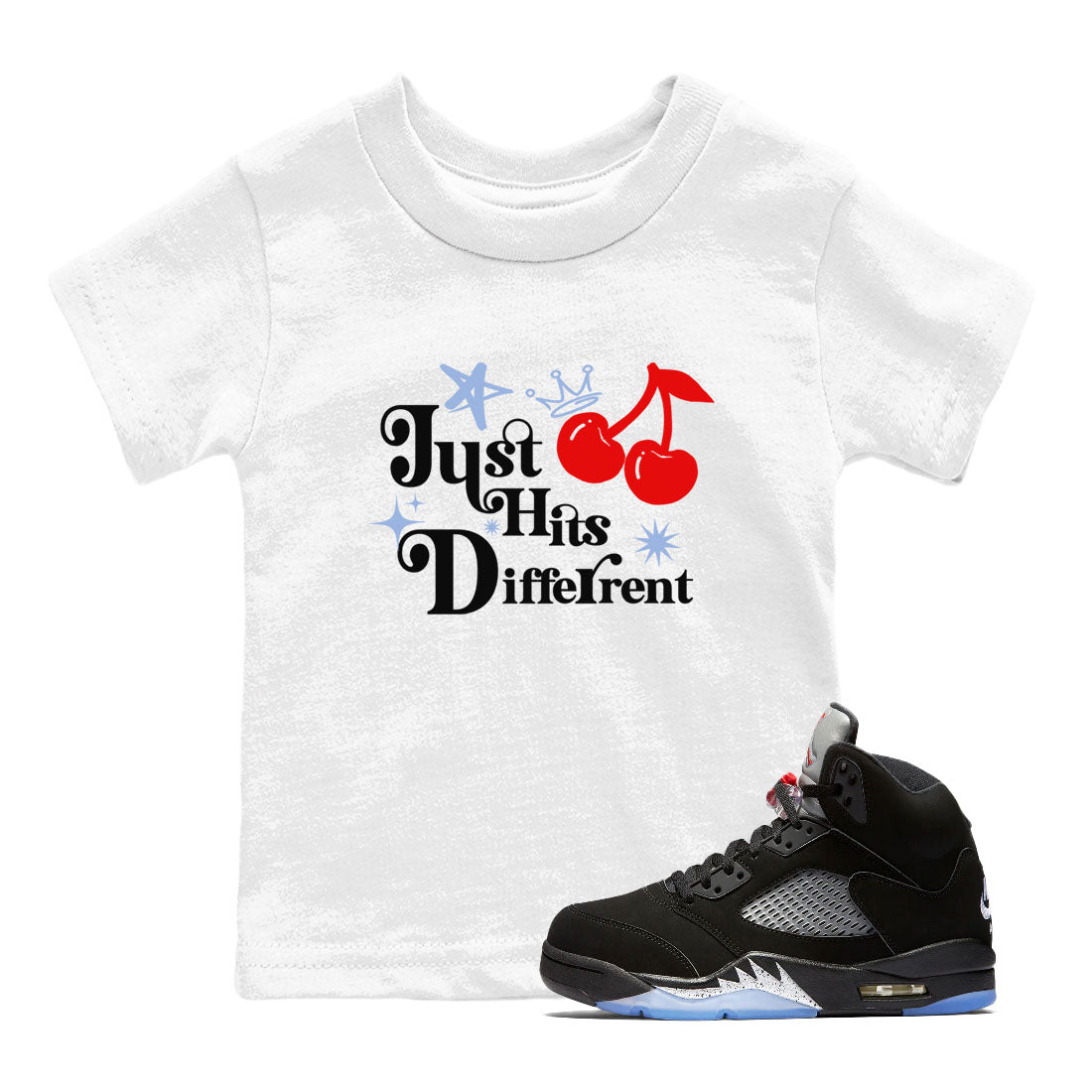 5s Black Metallic Reimagined shirts to match jordans Just Hits Different best t shirts to wear with jordans Air Jordan 5 Reimagined match shoes to clothes SNRT Sneaker Tees Youth Baby White 1 tee