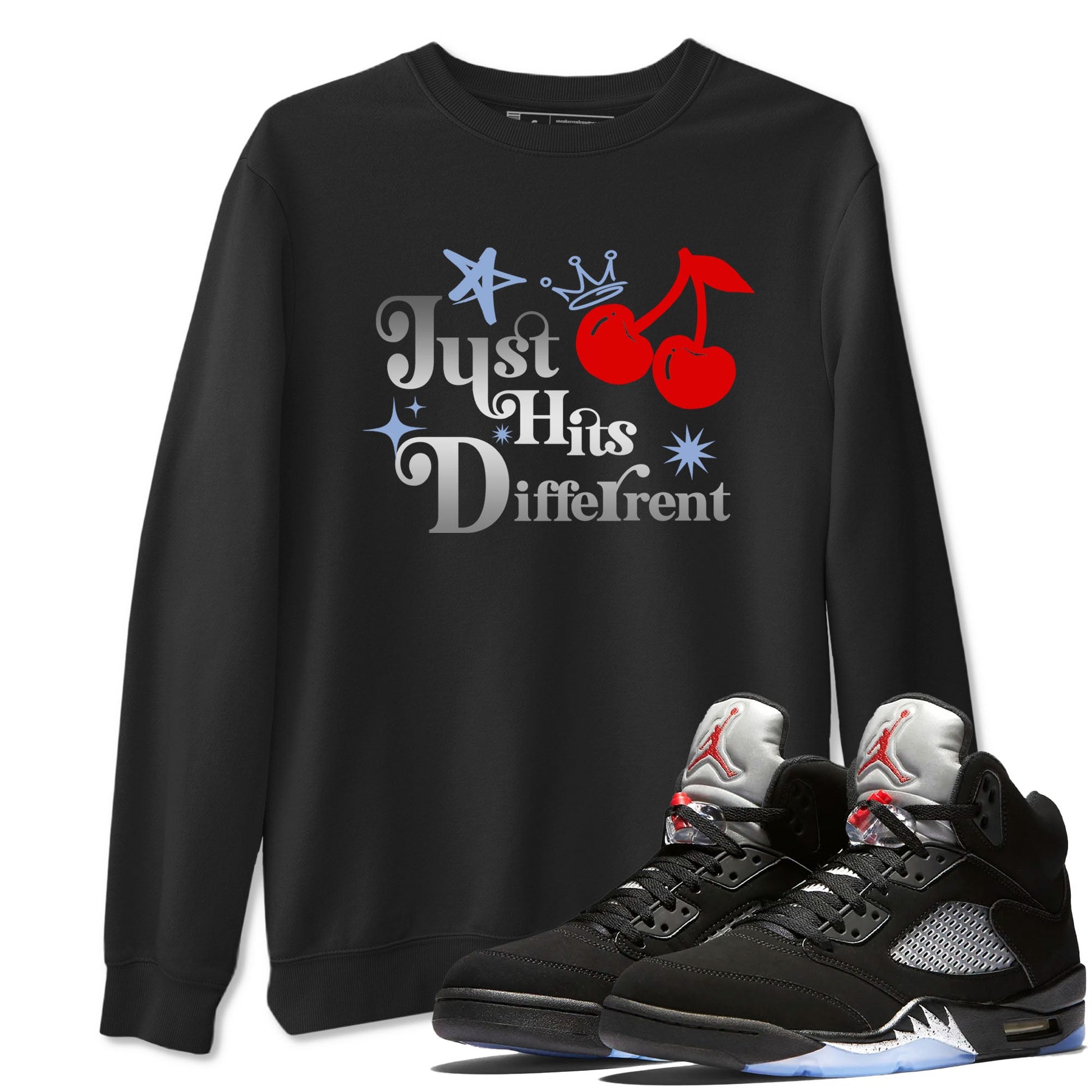 5s Black Metallic Reimagined shirts to match jordans Just Hits Different best t shirts to wear with jordans Air Jordan 5 Reimagined match shoes to clothes SNRT Sneaker Tees unisex cotton Black 1 shirts
