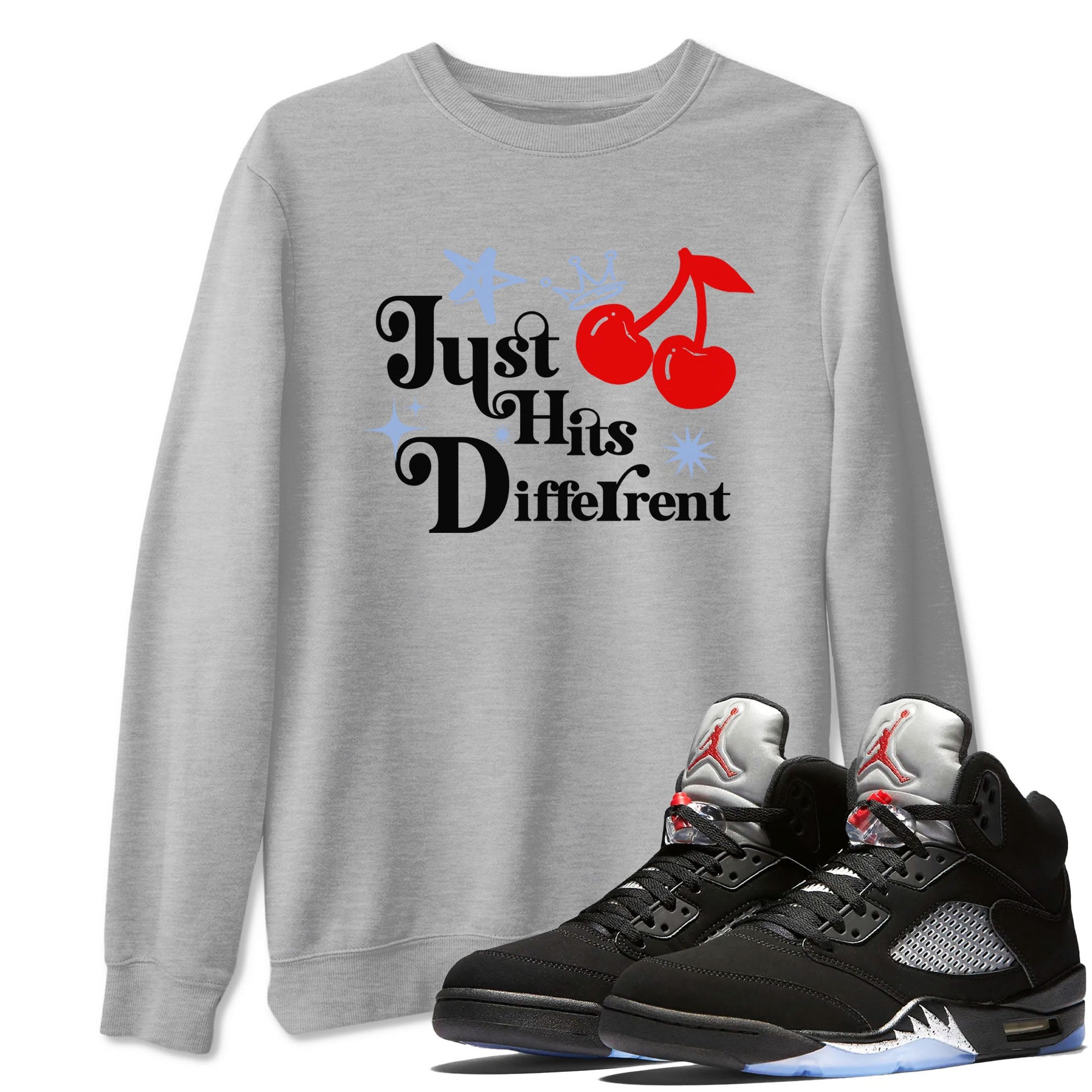 5s Black Metallic Reimagined shirts to match jordans Just Hits Different best t shirts to wear with jordans Air Jordan 5 Reimagined match shoes to clothes SNRT Sneaker Tees unisex cotton Heather Grey 1 shirts