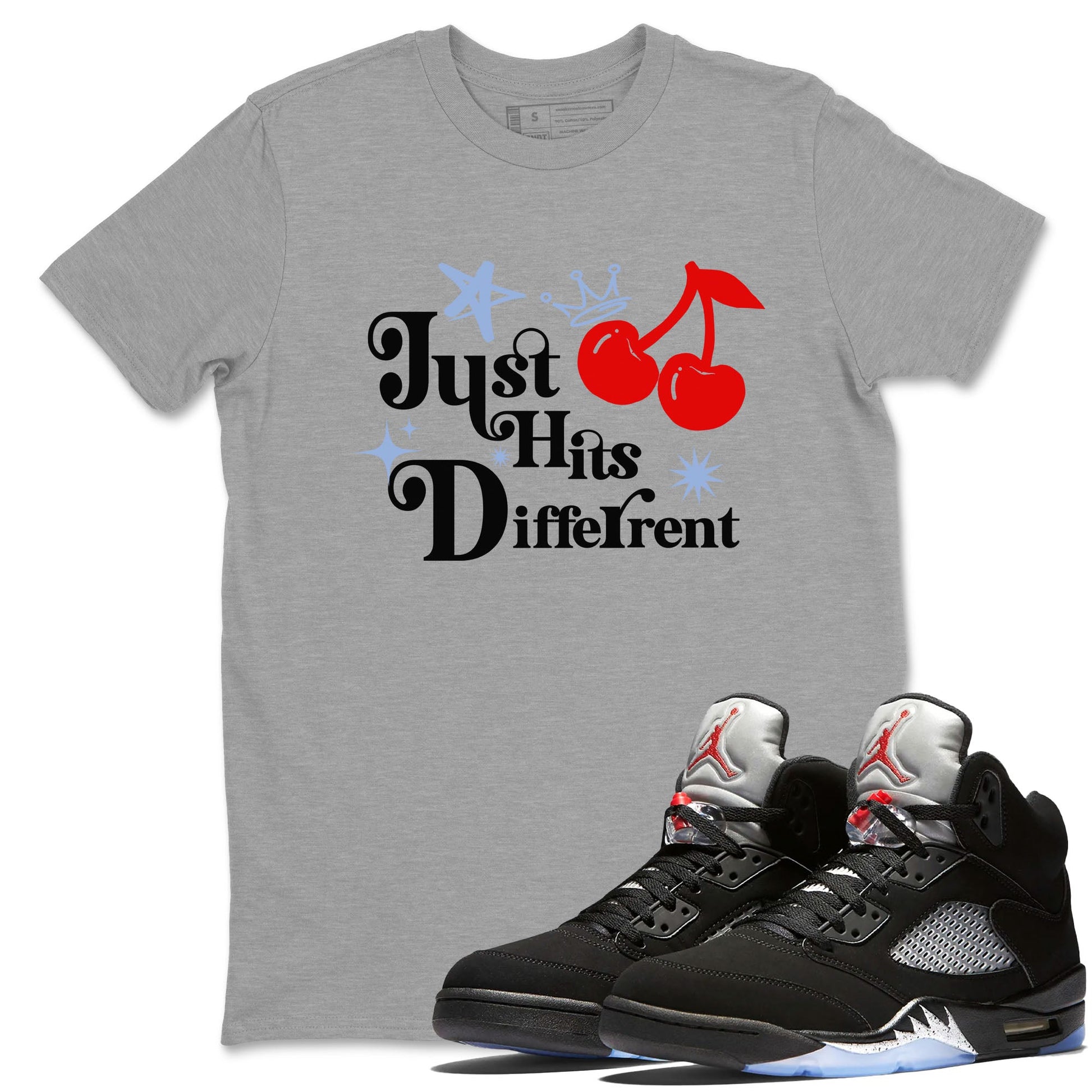 5s Black Metallic Reimagined shirts to match jordans Just Hits Different best t shirts to wear with jordans Air Jordan 5 Reimagined match shoes to clothes SNRT Sneaker Tees unisex cotton Heather Grey 1 shirts