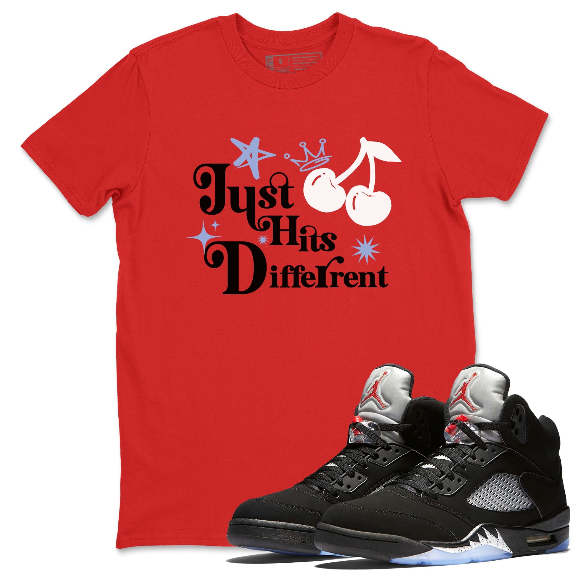5s Black Metallic Reimagined shirts to match jordans Just Hits Different best t shirts to wear with jordans Air Jordan 5 Reimagined match shoes to clothes SNRT Sneaker Tees unisex cotton Red 1 shirts