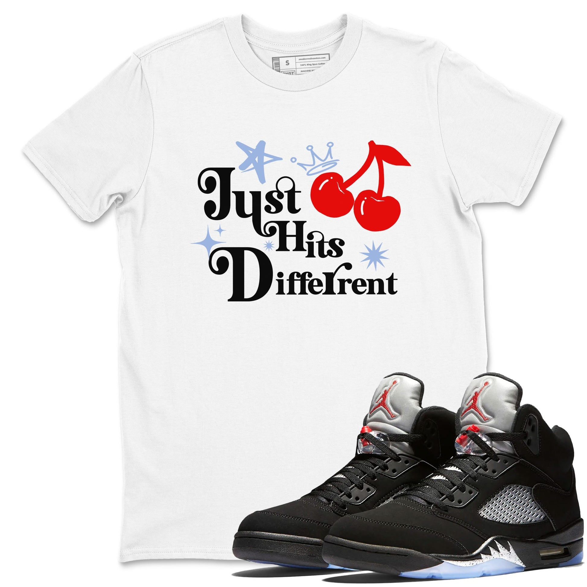 5s Black Metallic Reimagined shirts to match jordans Just Hits Different best t shirts to wear with jordans Air Jordan 5 Reimagined match shoes to clothes SNRT Sneaker Tees unisex cotton White 1 shirts