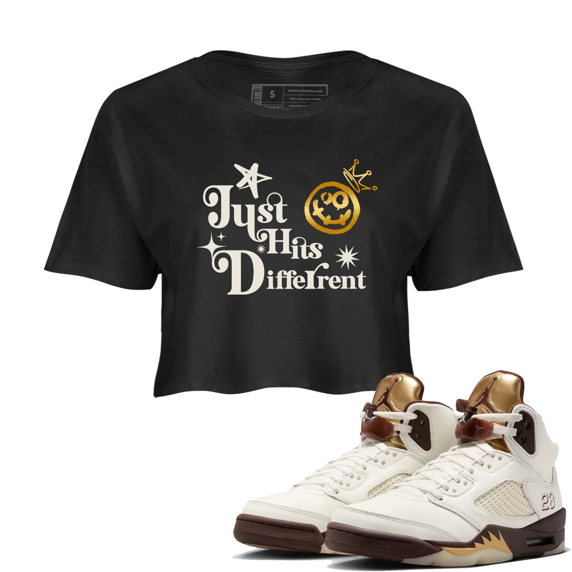 5s Golden Ticket shirts to match jordans  Just Hits Different shirts to match jordans Air Jordan 5 Golden Ticket match shoes to clothes SNRT Sneaker Tees unisex cotton Black 1 crop tee