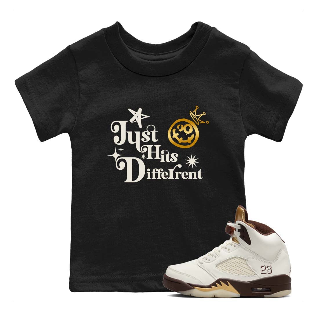 5s Golden Ticket shirts to match jordans  Just Hits Different shirts to match jordans Air Jordan 5 Golden Ticket match shoes to clothes SNRT Sneaker Tees Youth Baby Black 1 tee