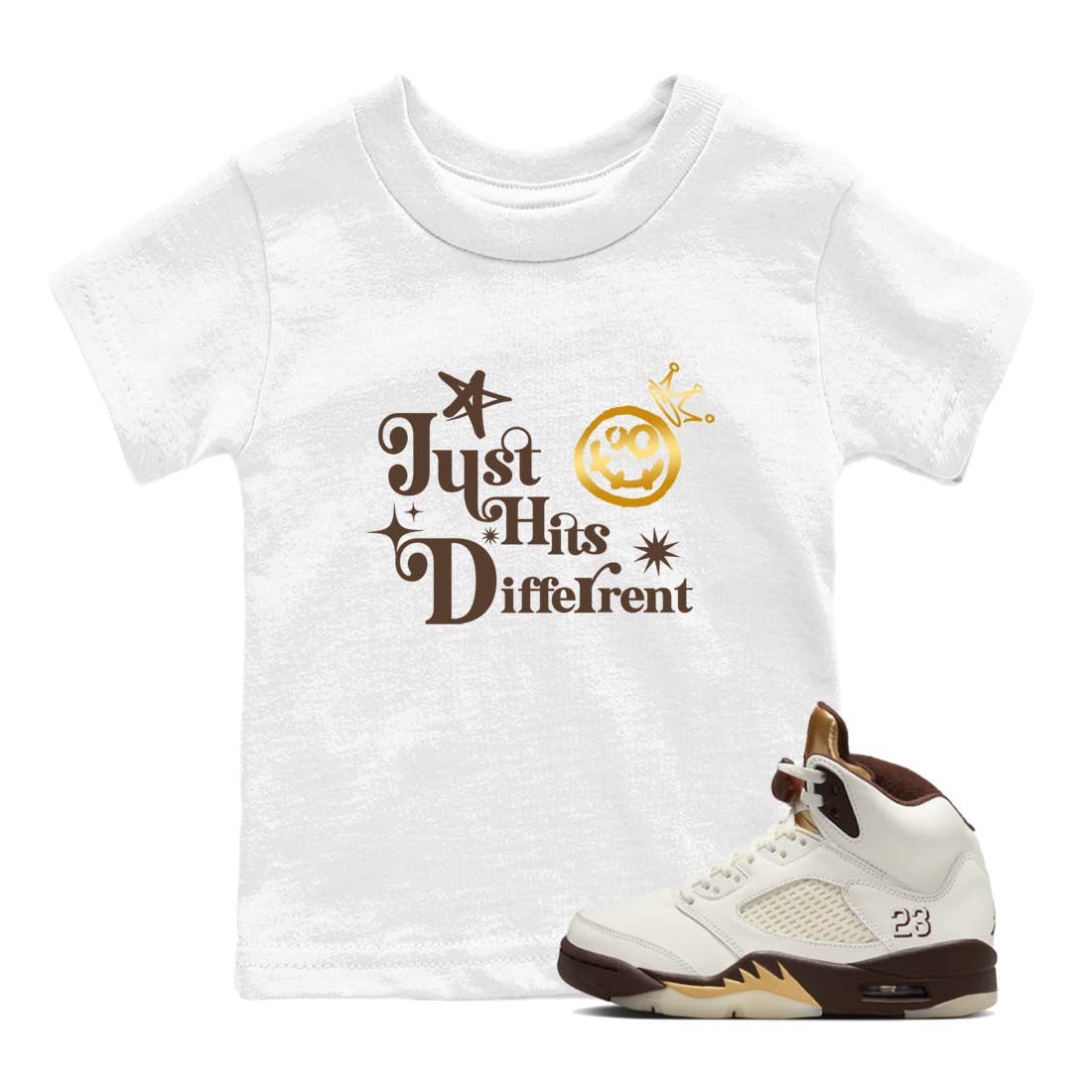 5s Golden Ticket shirts to match jordans  Just Hits Different shirts to match jordans Air Jordan 5 Golden Ticket match shoes to clothes SNRT Sneaker Tees Youth Baby White 1 tee