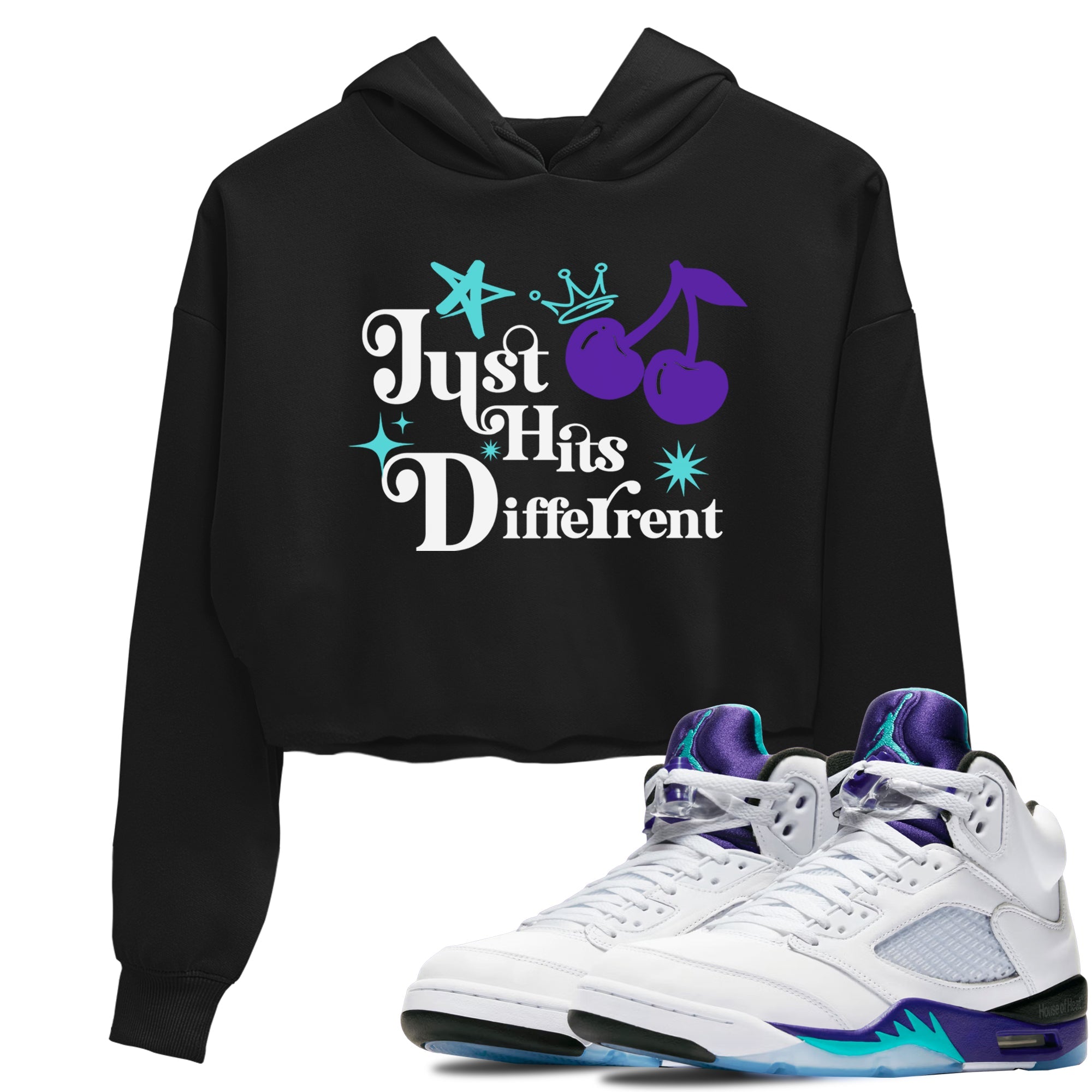 Just Hits Different womens crop tee made to vibe with the Air Jordan 5 Grape sneakers — the perfect match in Black 1.