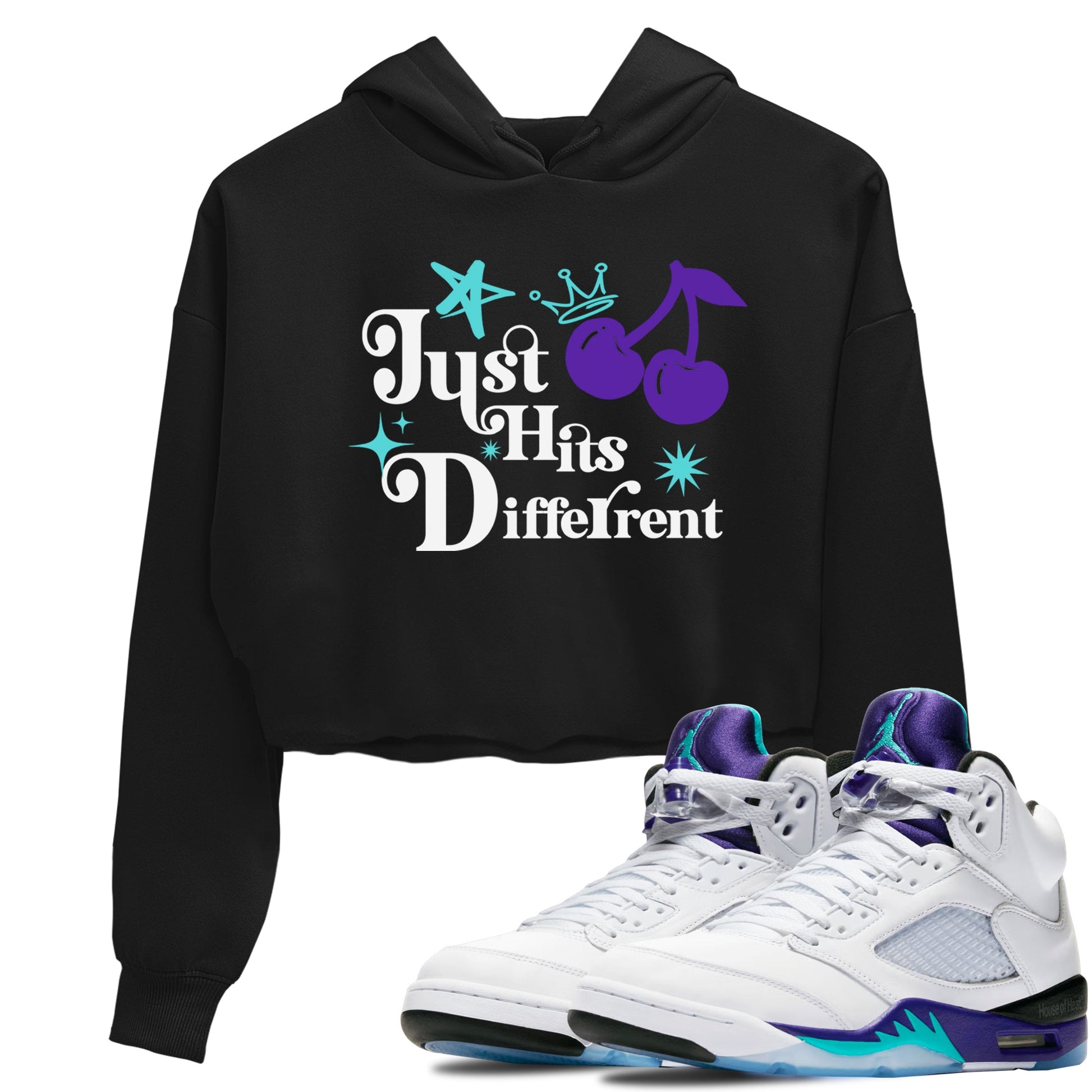 Just Hits Different womens crop tee made to vibe with the Air Jordan 5 Grape sneakers — the perfect match in Black 1.