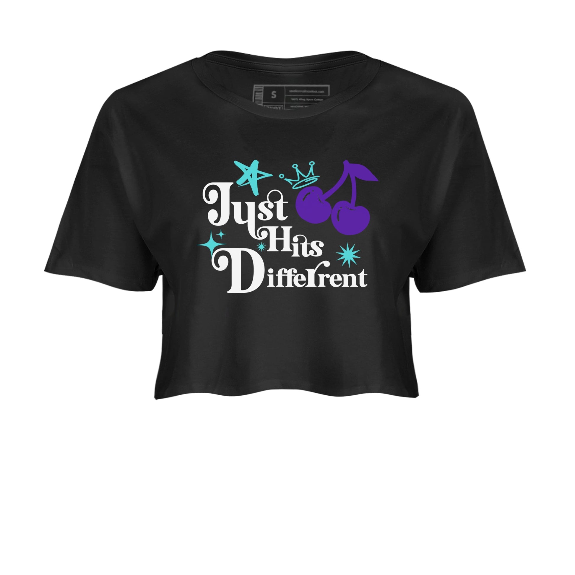 Just Hits Different womens crop tee made to vibe with the Air Jordan 5 Grape sneakers — the perfect match in Black 2.