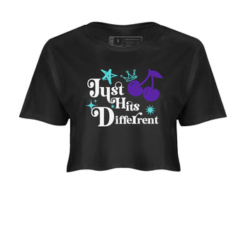 Just Hits Different womens crop tee made to vibe with the Air Jordan 5 Grape sneakers — the perfect match in Black 2.