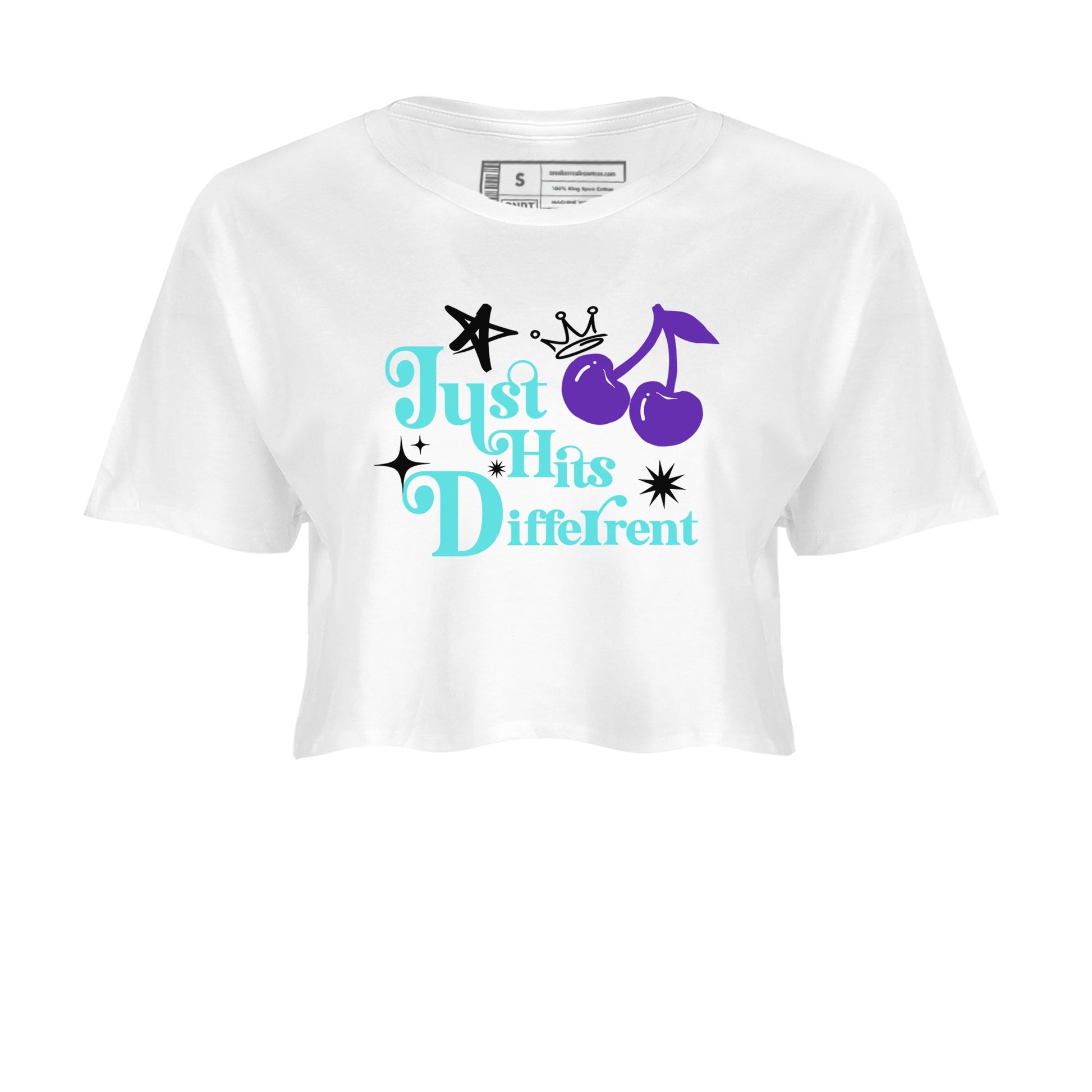 Just Hits Different womens crop tee made to vibe with the Air Jordan 5 Grape sneakers — the perfect match in White 2.