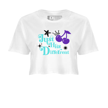 Just Hits Different womens crop tee made to vibe with the Air Jordan 5 Grape sneakers — the perfect match in White 2.