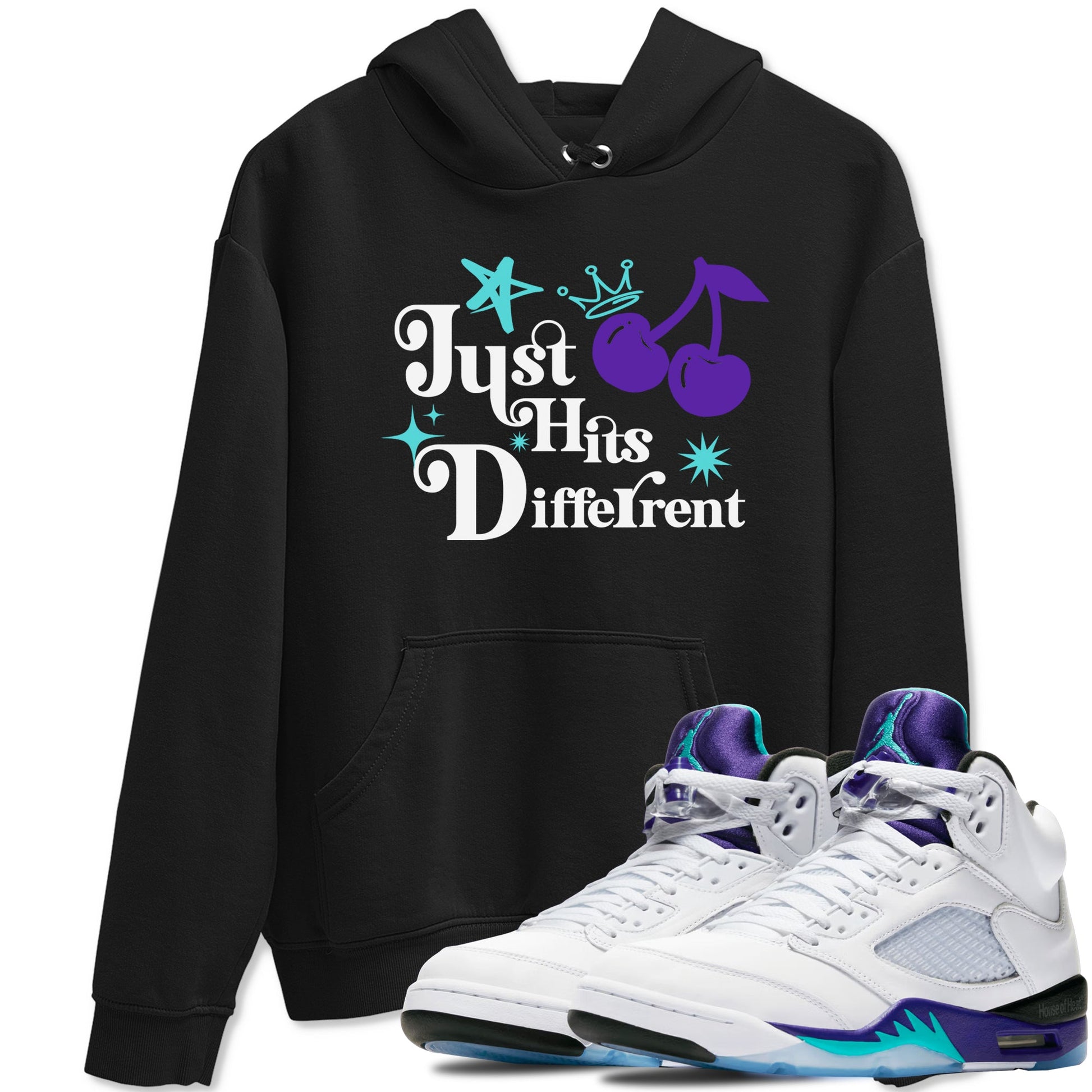 Just Hits Different sneaker match t-shirt styled to complete your fit with the Air Jordan 5 Grape sneakers, shown in Black 1.
