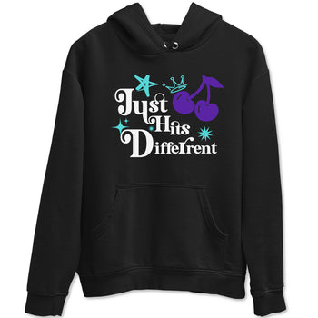 Just Hits Different sneaker match t-shirt styled to complete your fit with the Air Jordan 5 Grape sneakers, shown in Black 2.