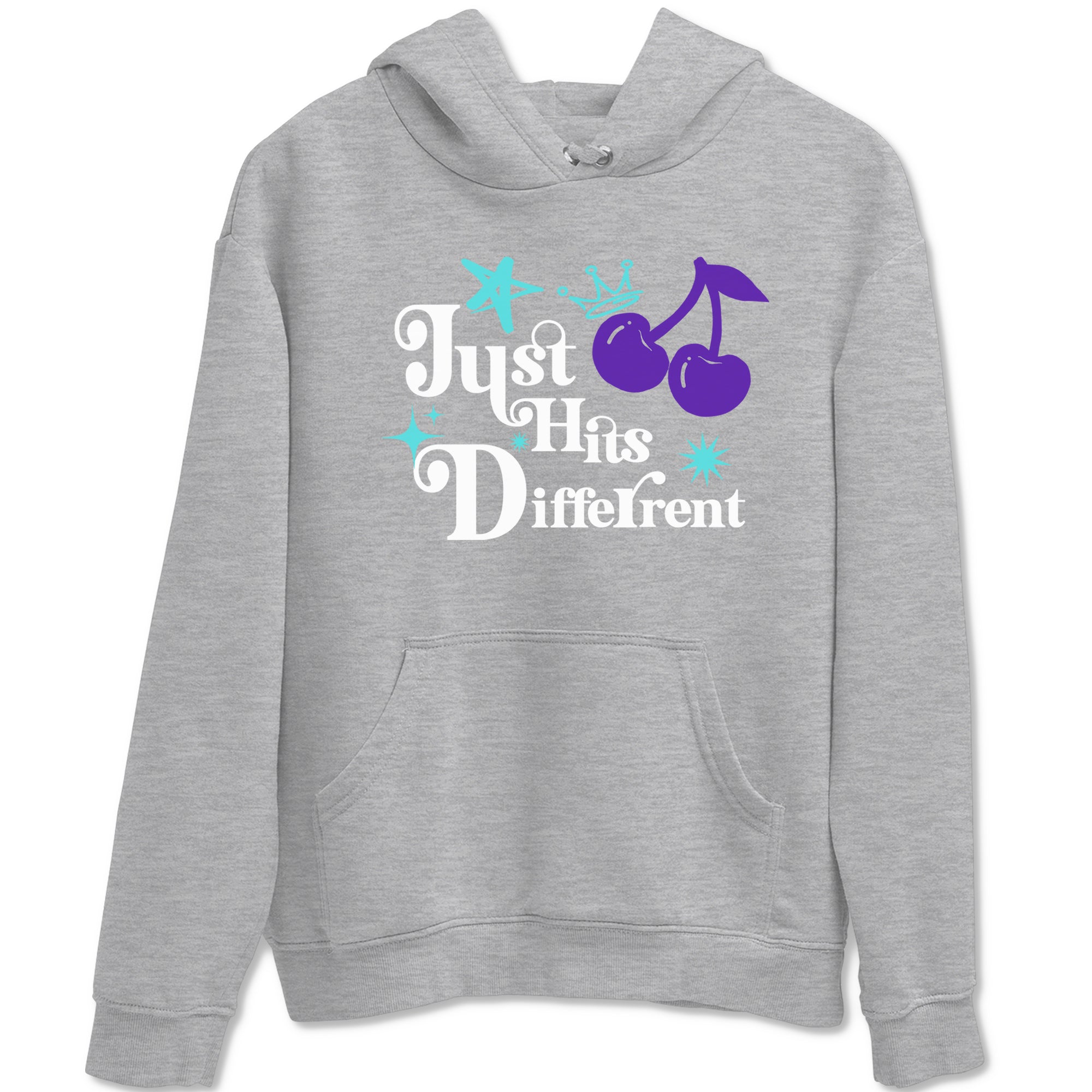 Just Hits Different sneaker match t-shirt styled to complete your fit with the Air Jordan 5 Grape sneakers, shown in Heather Grey 2.