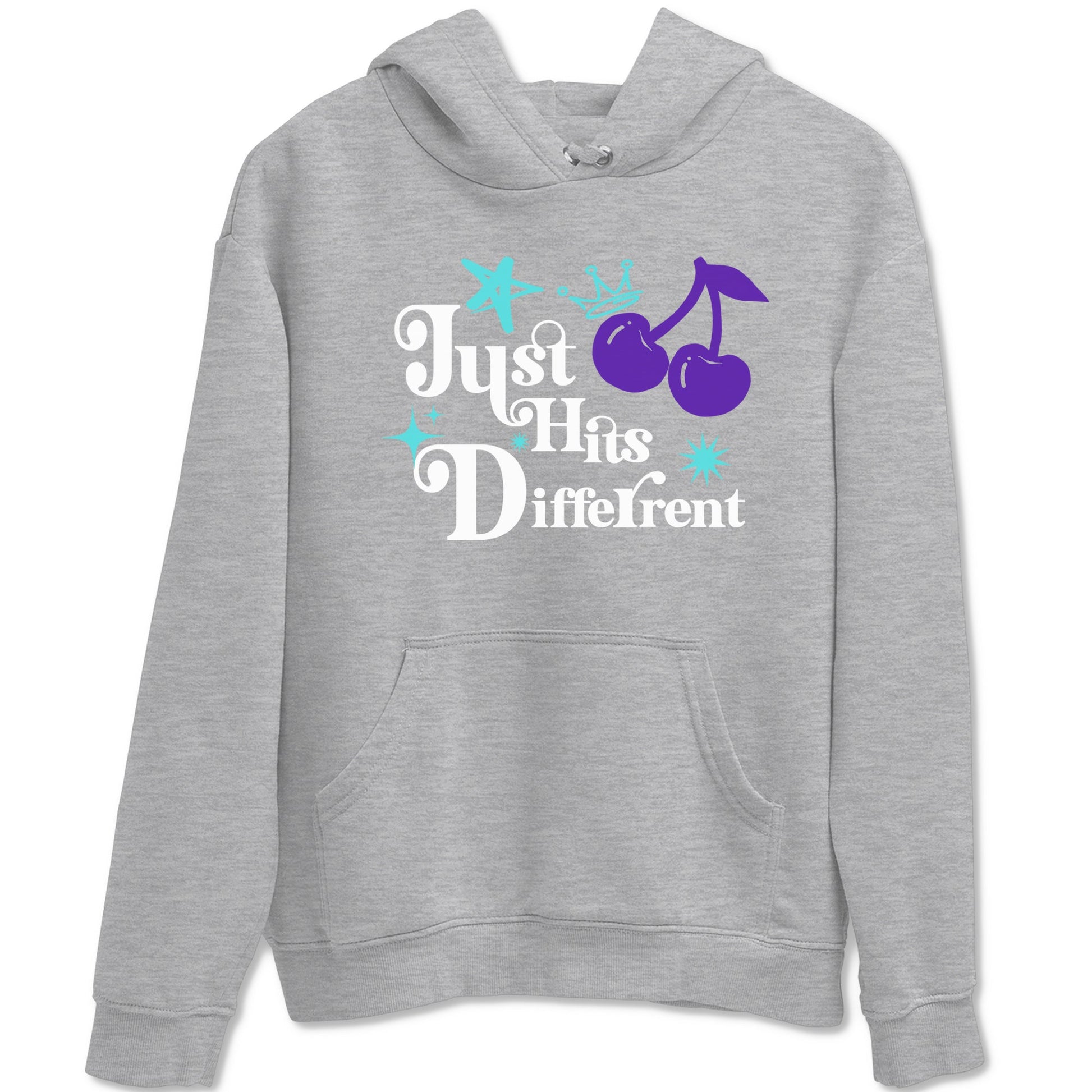 Just Hits Different sneaker match t-shirt styled to complete your fit with the Air Jordan 5 Grape sneakers, shown in Heather Grey 2.