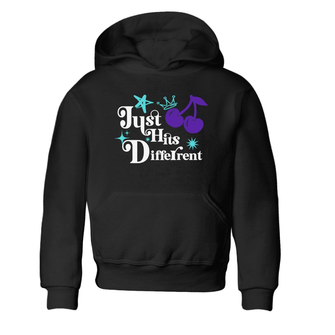 Just Hits Different baby and kids t-shirt crafted for little sneakerheads to shine with the Air Jordan 5 Grape sneakers, displayed in Black 2.